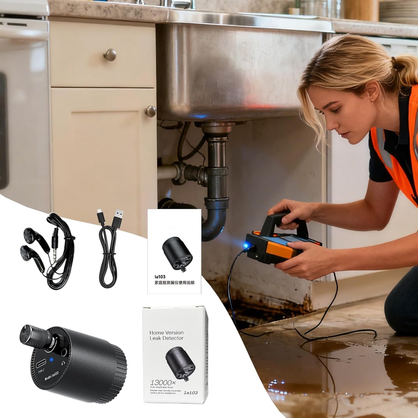 Water Leak Detector, Smart Home Monitoring Device, Underground Leak Sensor for Basement and Kitchen Use, Compact Design, Fast Alert System, Safety Tool for Bedrooms, Laundry, and Apartments