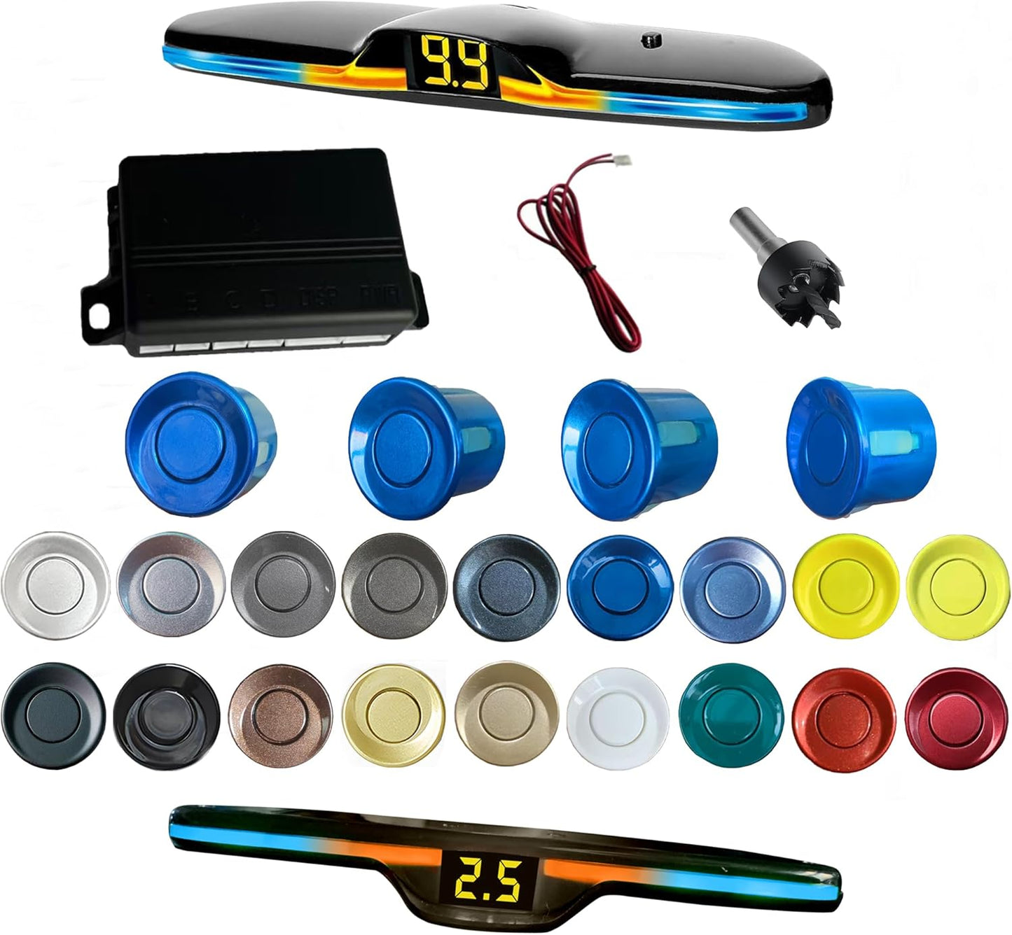 New Feature Rear Parking Sensor with Selectable Distance in Feet, Bidirectional Display Options, and Customizable Numeric Orientation and There are 18 Color Probes to Choose from(Blue)