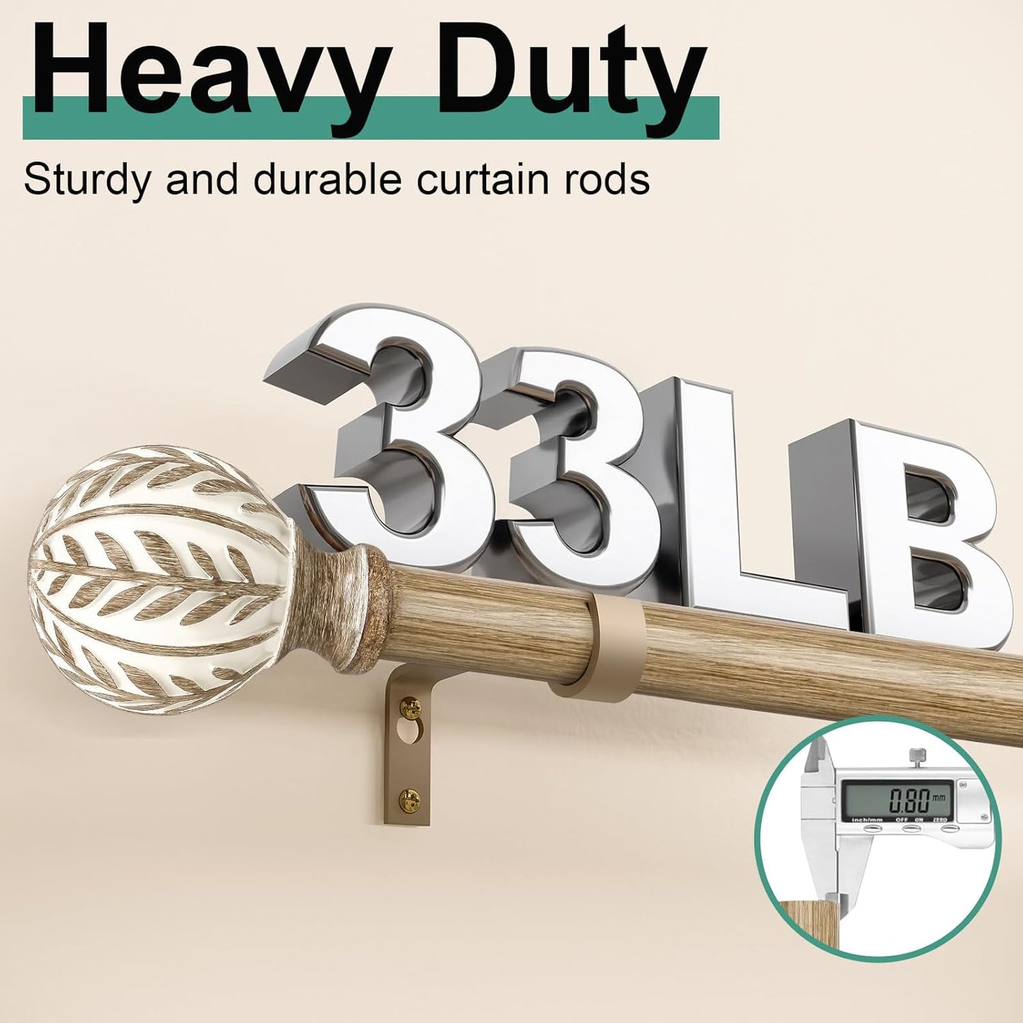 2 Pack Boho Wood Curtain Rods for Windows 28 to 48 inch,1" Adjustable Heavy Duty Window Curtain Rod with Imitation Wood Grain Finials,Rustic Decorative Drapery Rods Set 18-60'',Weathered Wood