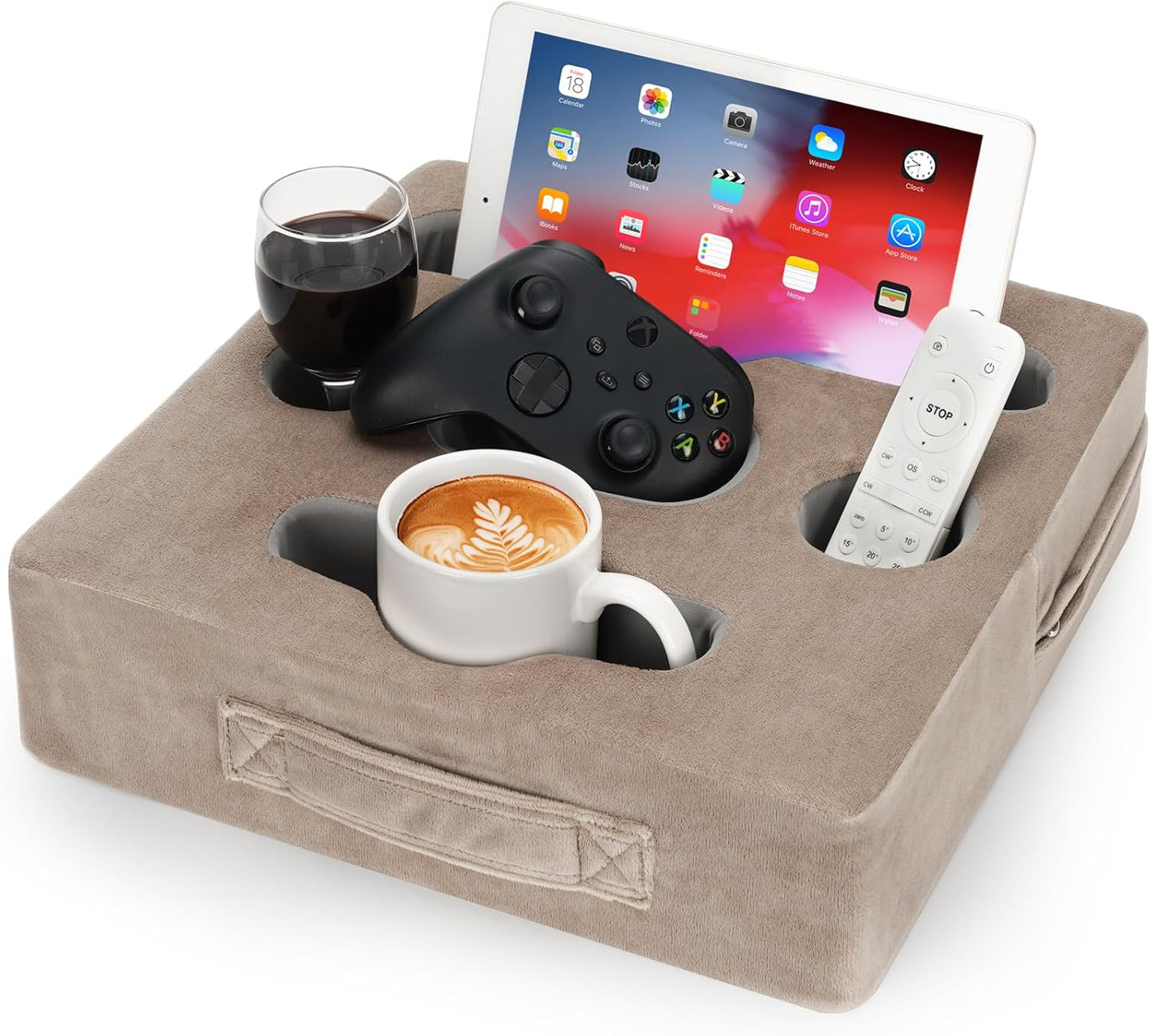 STBoo Couch Cup Holder Pillow Tray - Sofa Drink Cup Holder Cozy Buddy | Bed Caddy Organizer for Remote, Snacks Beverage, Phones, Tablet | Use it on Car, Pack, Beach, RV, Boat, Bedroom (Light Brown)