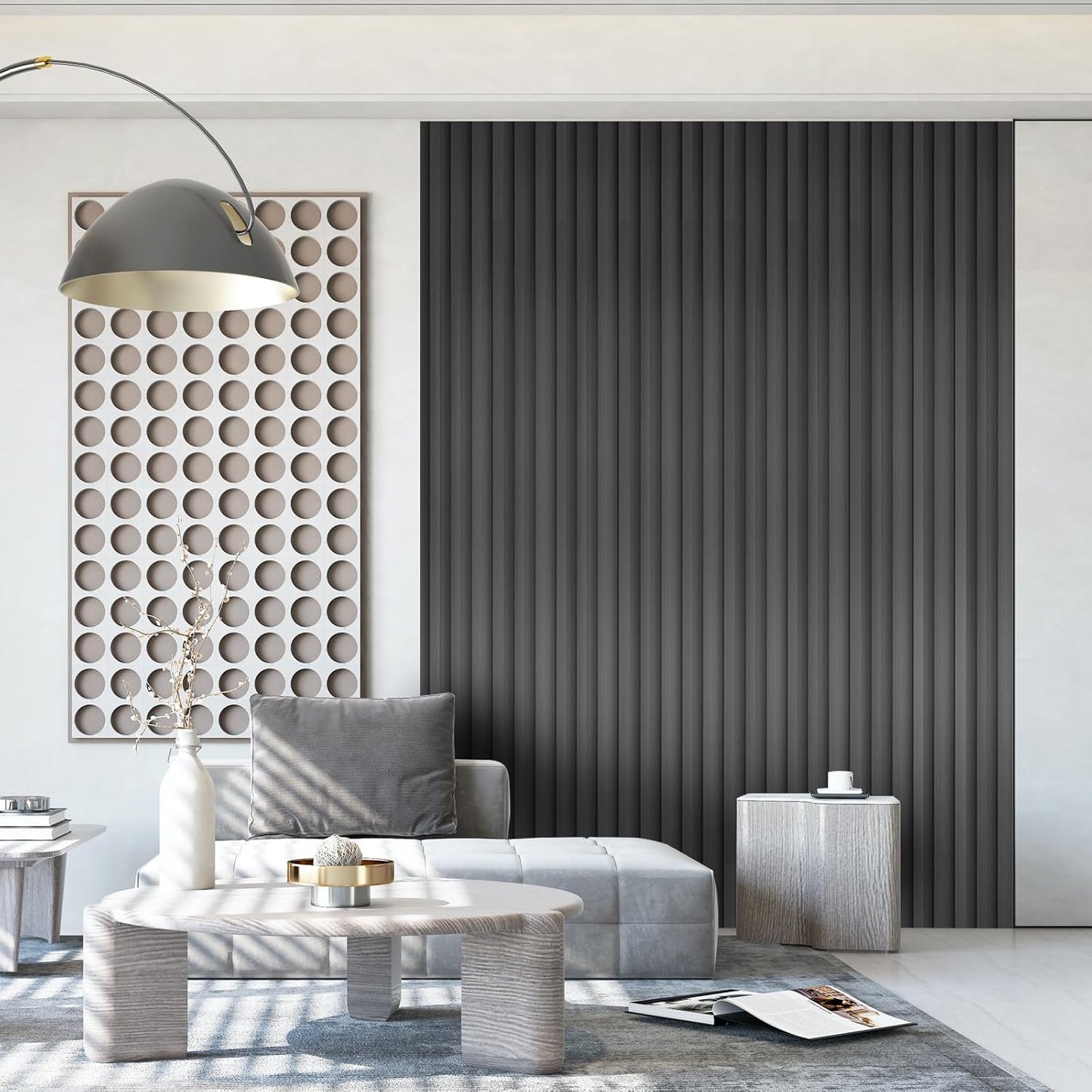 OUZUGIE WPC Acoustic Slat Wall Paneling, 8-Pack 114 x 6 Inches 3D Wall Panels for Interior Wall Decor,Living Room,TV Background,Study Room,Office Spaces,Bedroom,Low Grille (Metallic Dark Gray)