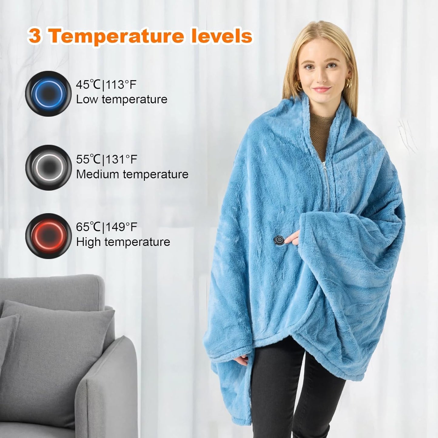 Graphene Heated Blanket Battery Operated, 20000mAh Battery 7.4V Fast Heating Blanket 70''x 35'' Portable Heated Shawl with Fleece Lining, Cordless Heated Shawl, Gift for Women (Blue)