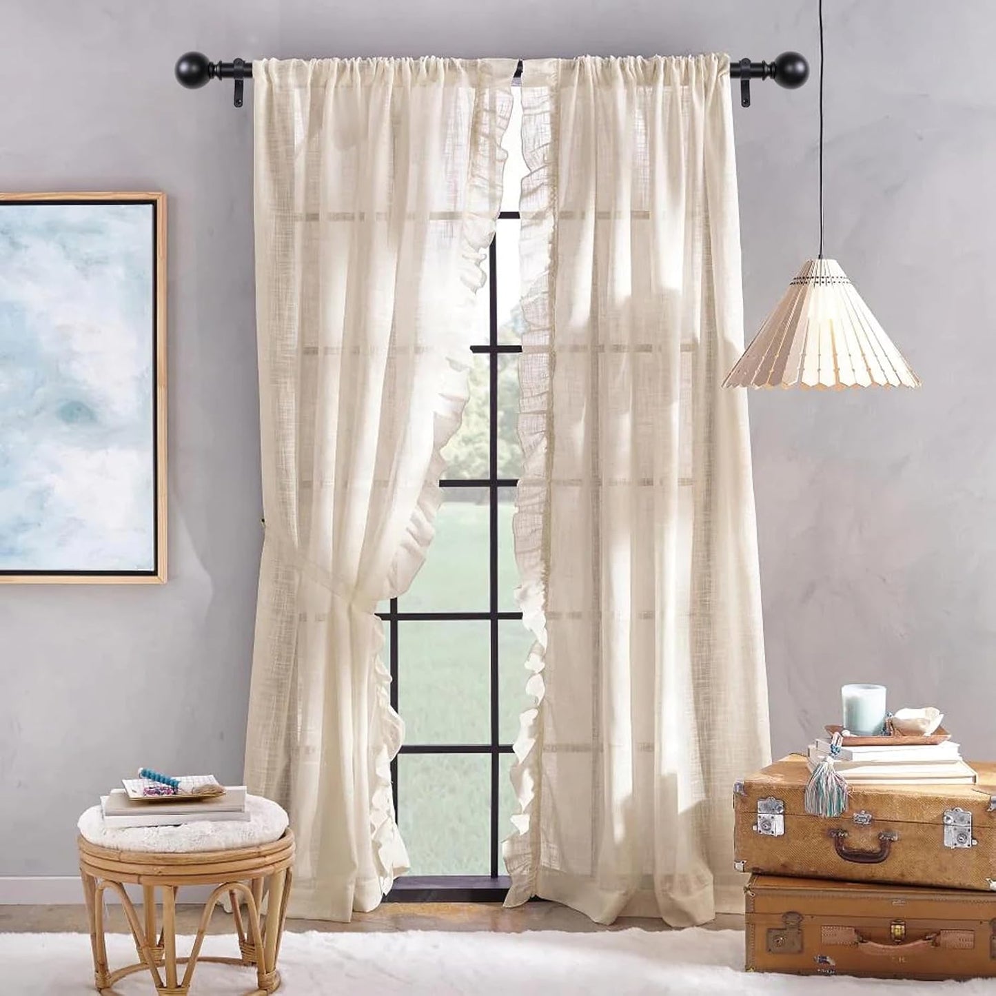 Black Curtain Rods for Windows 18 to 145 inches, 1 Inch Modern Metal Drapery Rods, Adjustable Heavy Duty Curtain Pole with Round Finials(18"-145"Black)