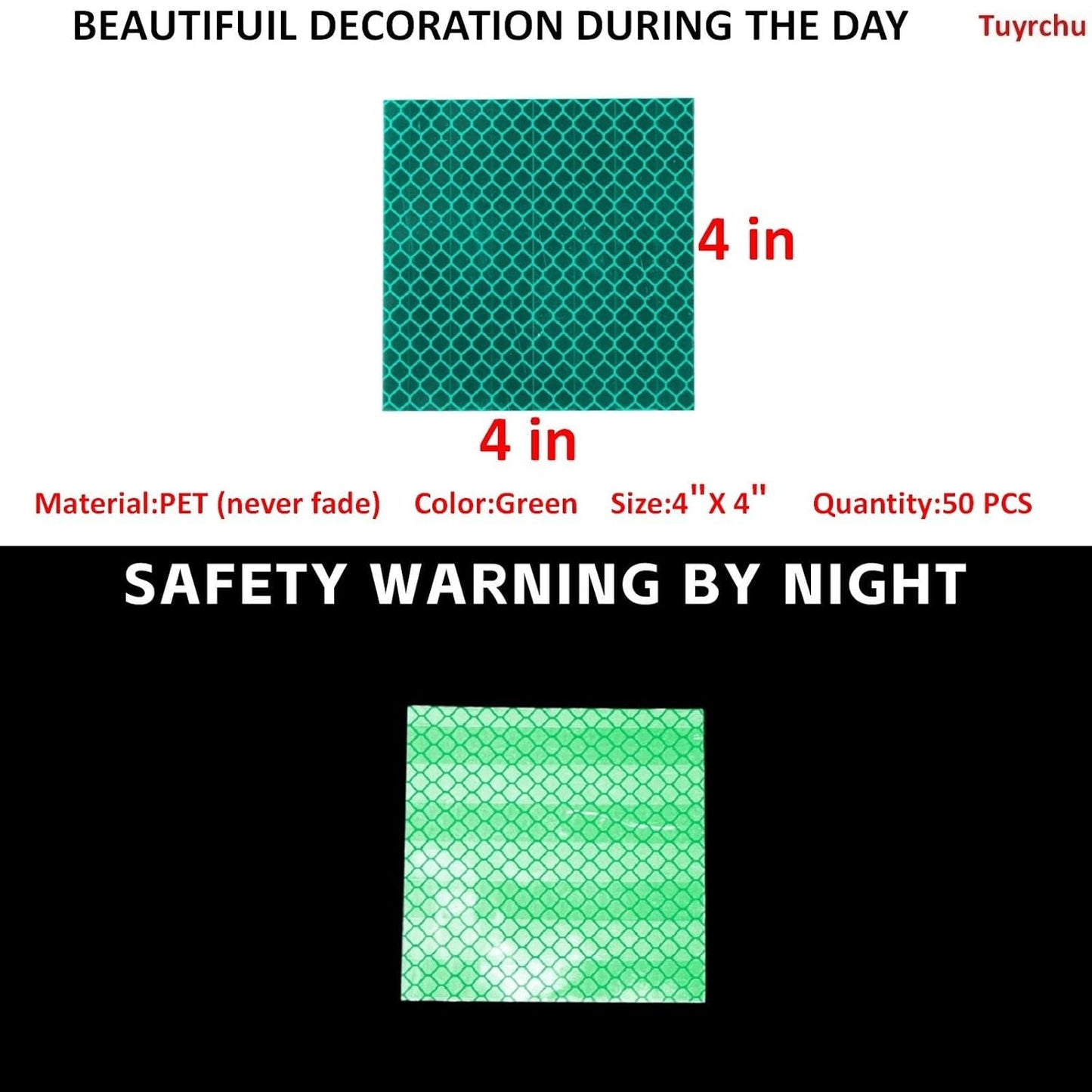 Non Fading Green Reflective Stickers 4 inch X 4 inch, Outdoor Waterproof High Visibility Warning Safety Adhesive Reflector Tape (50 Pcs)