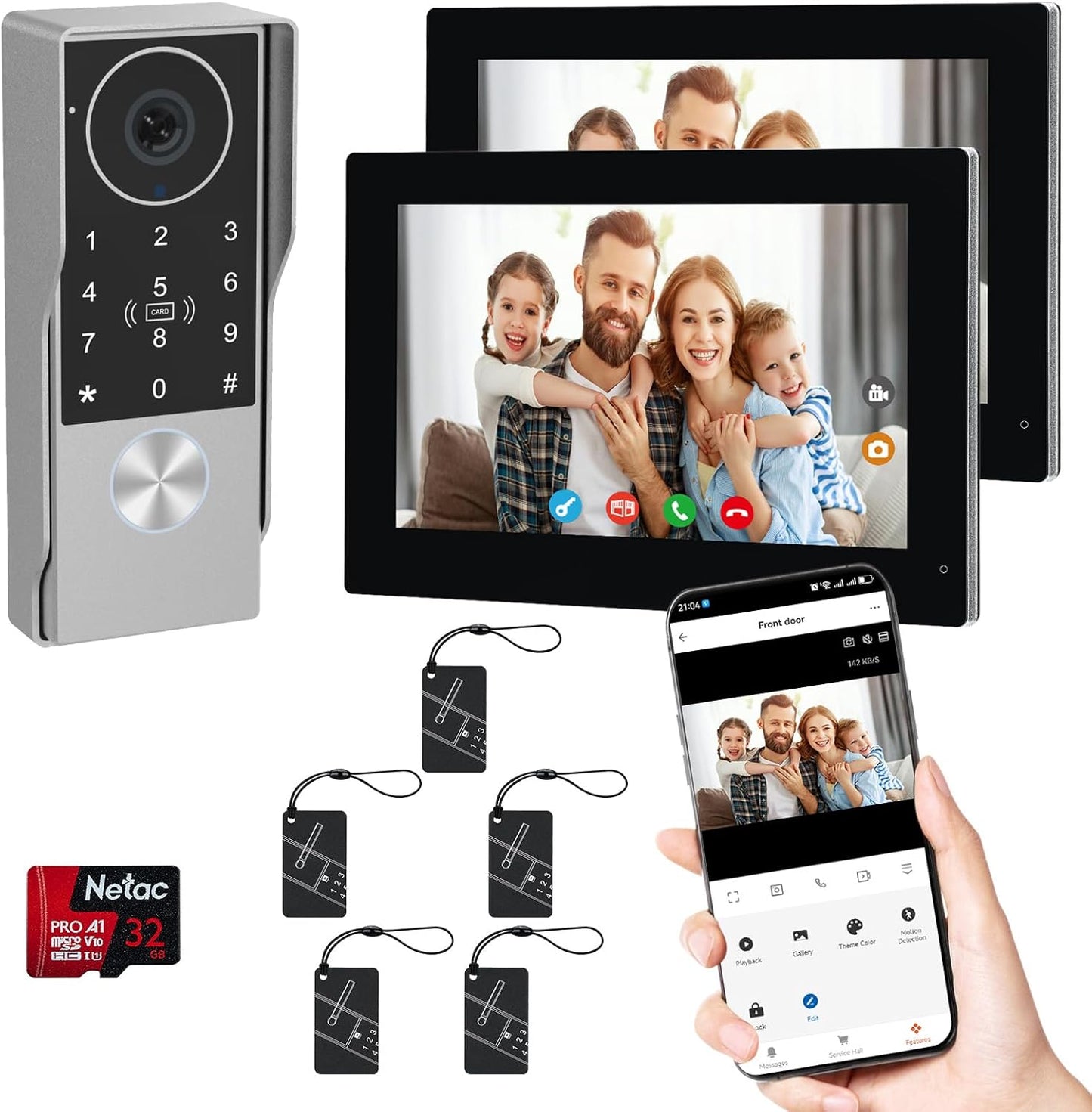 2-Wired key pad Video Intercom System with keypad,doorbell with monitor Dual 7'' Touch Screen, 1080P HD Camera, Passcodes Unlock, Night Vision, Tuya app, Waterproof, for Front Gate Apartment Home