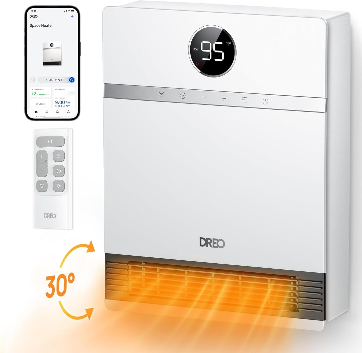 Dreo Smart Wall Heater, IP24 Electric PTC Space Heaters for Indoor Use, 30° Oscillation, Adjustable Thermostat, Remote Control, Works with Alexa, 24H Timer, Easy-mounted for Office, Bedroom, Home