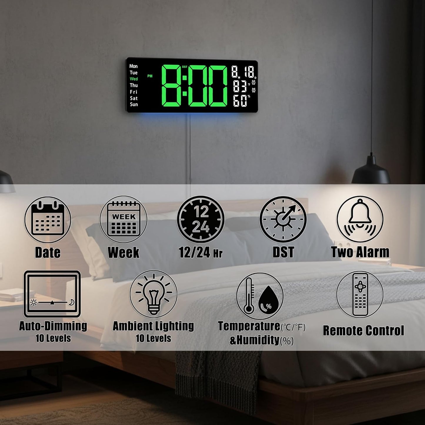 17.5 Inch Green LED Digital Wall Clock with 8 Ambient Light Colors｜Displays Time,Date,Day,Temperature&Humidity,Dual Alarms,Countdown&Stopwatch,DST,10-Level Auto/Manual Brightness｜Modern Silent Clock