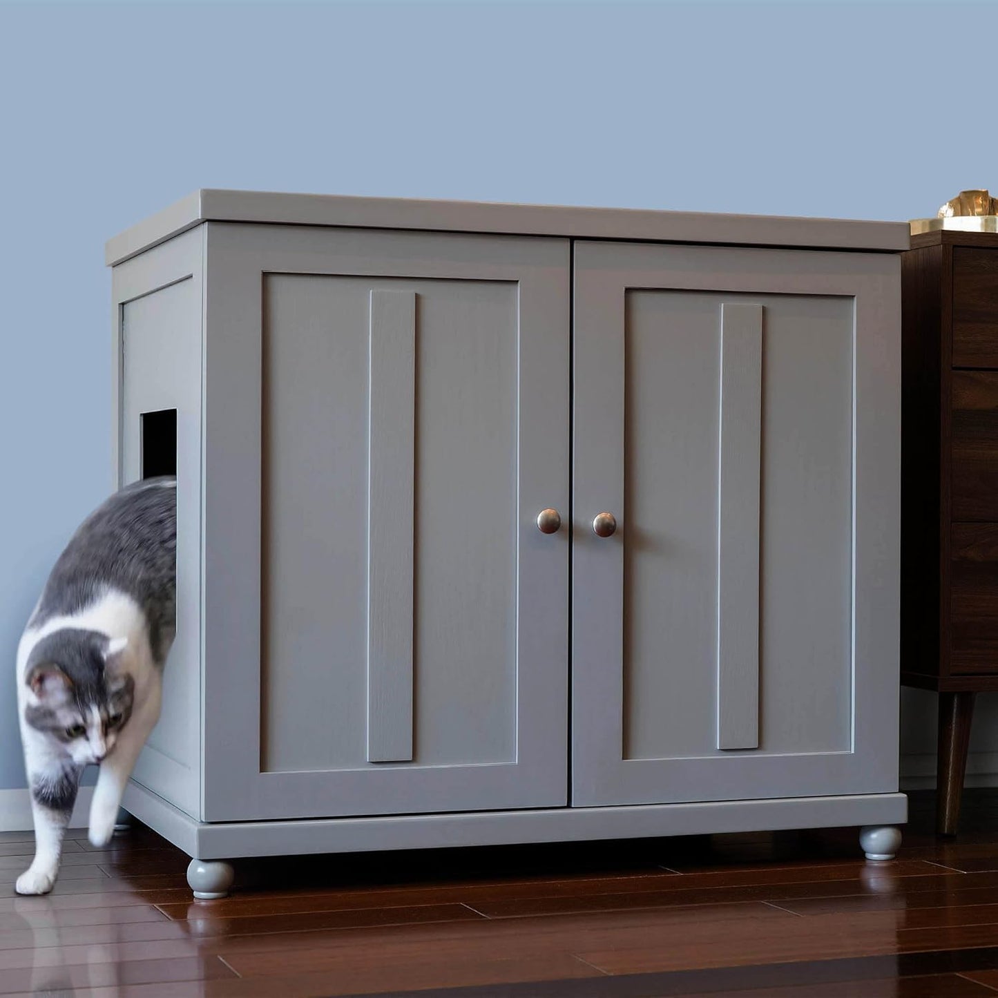 The Refined Feline Cat Litter Box Enclosure Cabinet, Shaker, Smoke Gray, Round Feet, XLarge, Hidden Litter Cat Furniture with Drawer
