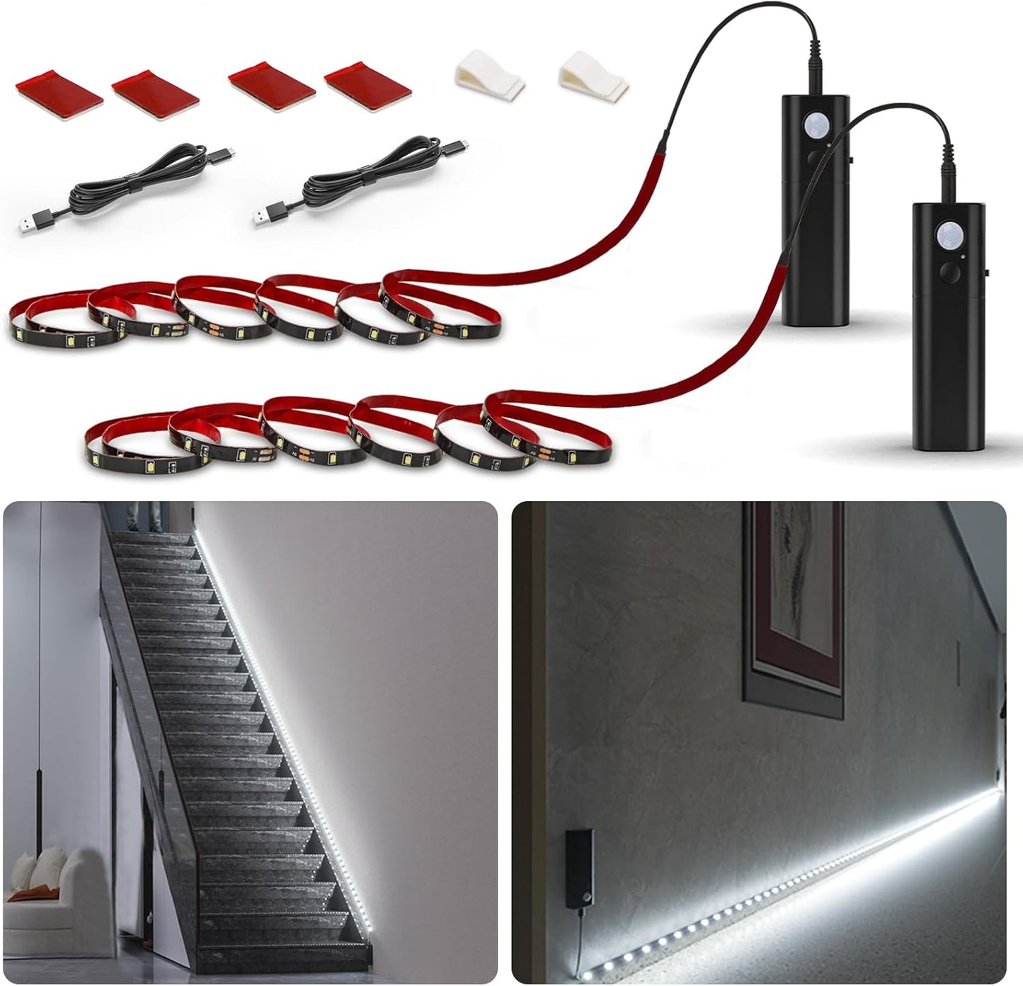 WOBANE Motion Sensor Closet Strip Lights, Rechargeable Motion Activated Light, Battery Powered 6.56ft LED Strip, 60 LEDs Homelife Bar for Wardrobe,Stair,Pantry,Counter,Cabinet,Bed,6000K White,Black