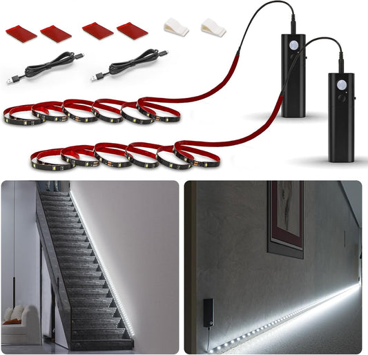 WOBANE Motion Sensor Closet Strip Lights, Rechargeable Motion Activated Light, Battery Powered 6.56ft LED Strip, 60 LEDs Homelife Bar for Wardrobe,Stair,Pantry,Counter,Cabinet,Bed,6000K White,Black