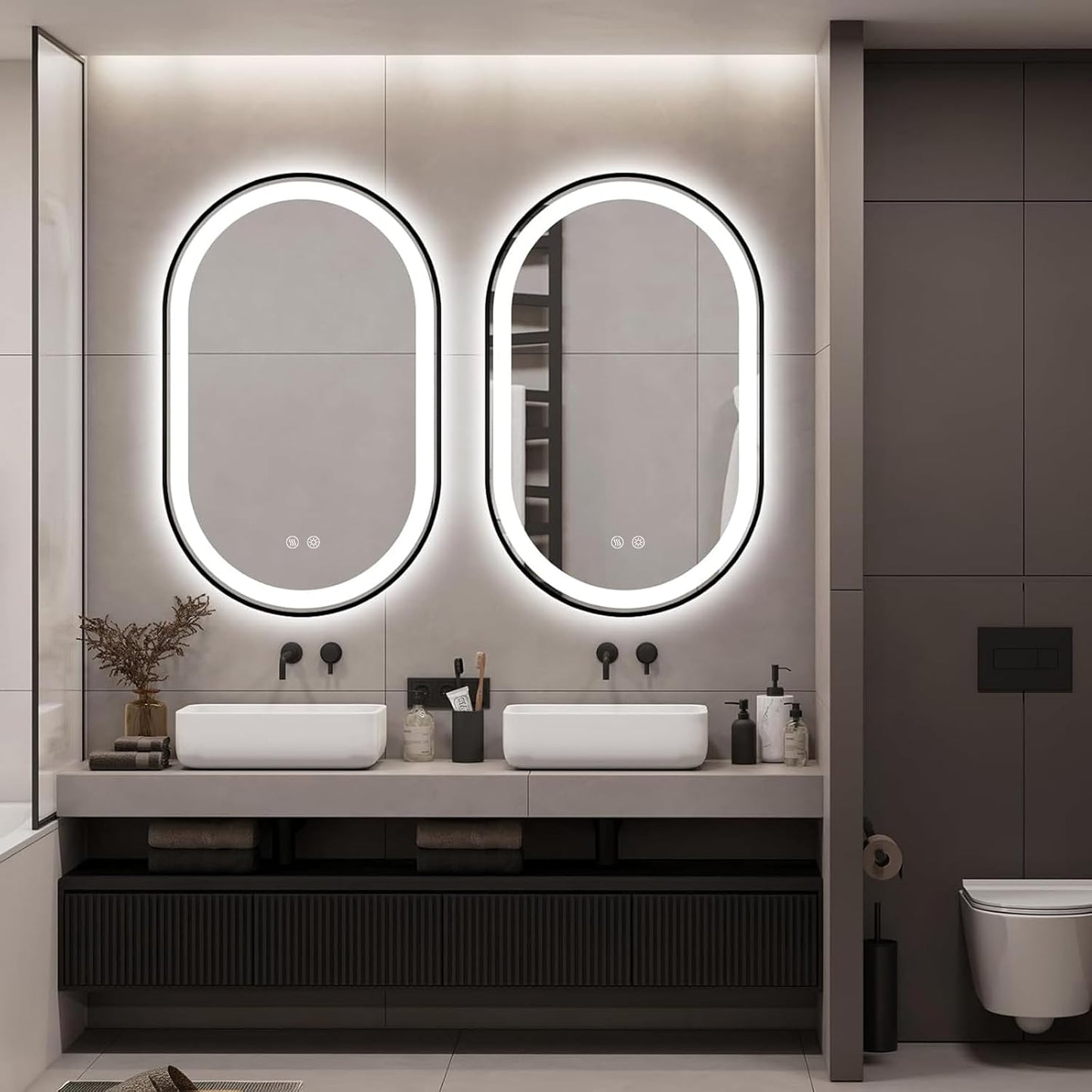Niccy Oval LED Mirror for Bathroom, 32x20 Front Lit + Backlit Vanity Mirrors with Light Anti-Fog, Shatter-Proof, Makeup Mirror with Black Frame (Horizontal/Vertical)