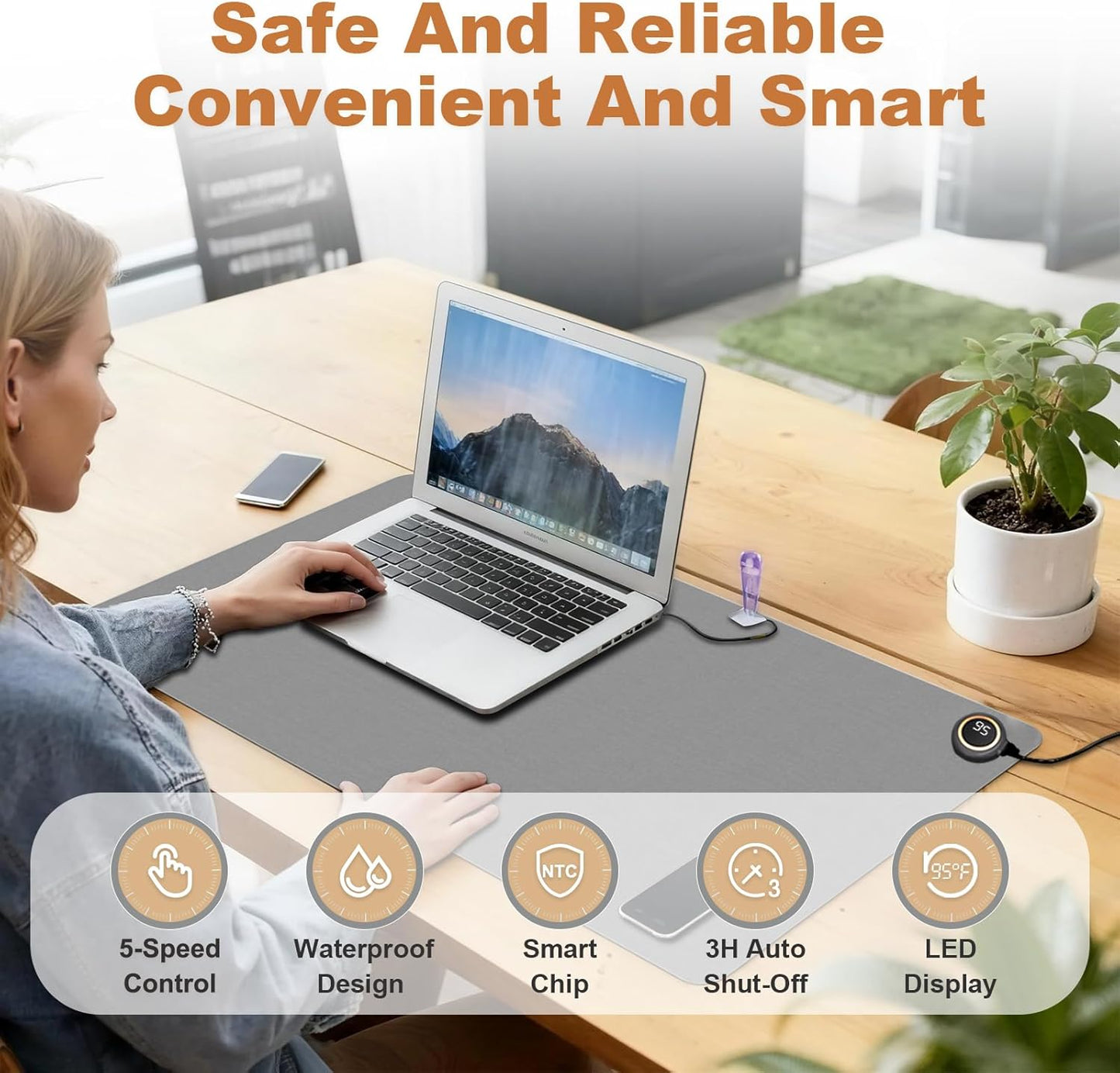 Heated Desk Pad,Heated Mouse Pad 5 Heating Levels & 3 Hours Auto Shut-Off Waterproof PU,Heated Desk Mat – 31.5 x 13 inch for Office,Gaming,Foot Warmer(Grey)