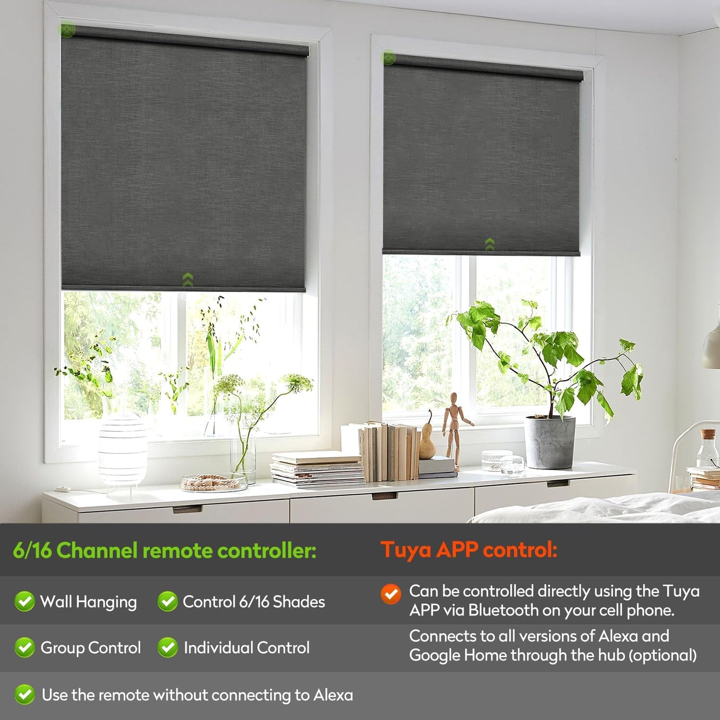 ZSTARR Motorized Blackout Roller Blinds with Remote Control,Rechargeable Smart Window Shades Compatible with Alexa Google via Hub,Fabric Wrapped Valance, Custom Size (Cement Gray)
