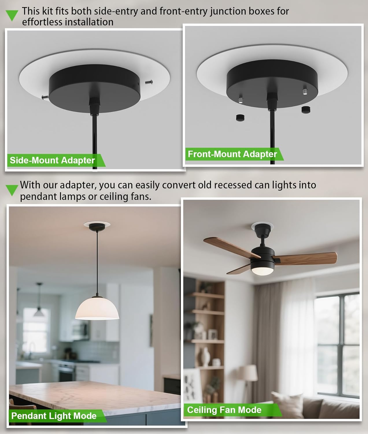 Recessed Can Light Conversion Kit for 5" and 6" Ceiling Fixtures - Pendant/Hanging Light Upgrade, Compatible with Ceiling Fans, Includes 7¾" Flat Steel Medallion, White Finish