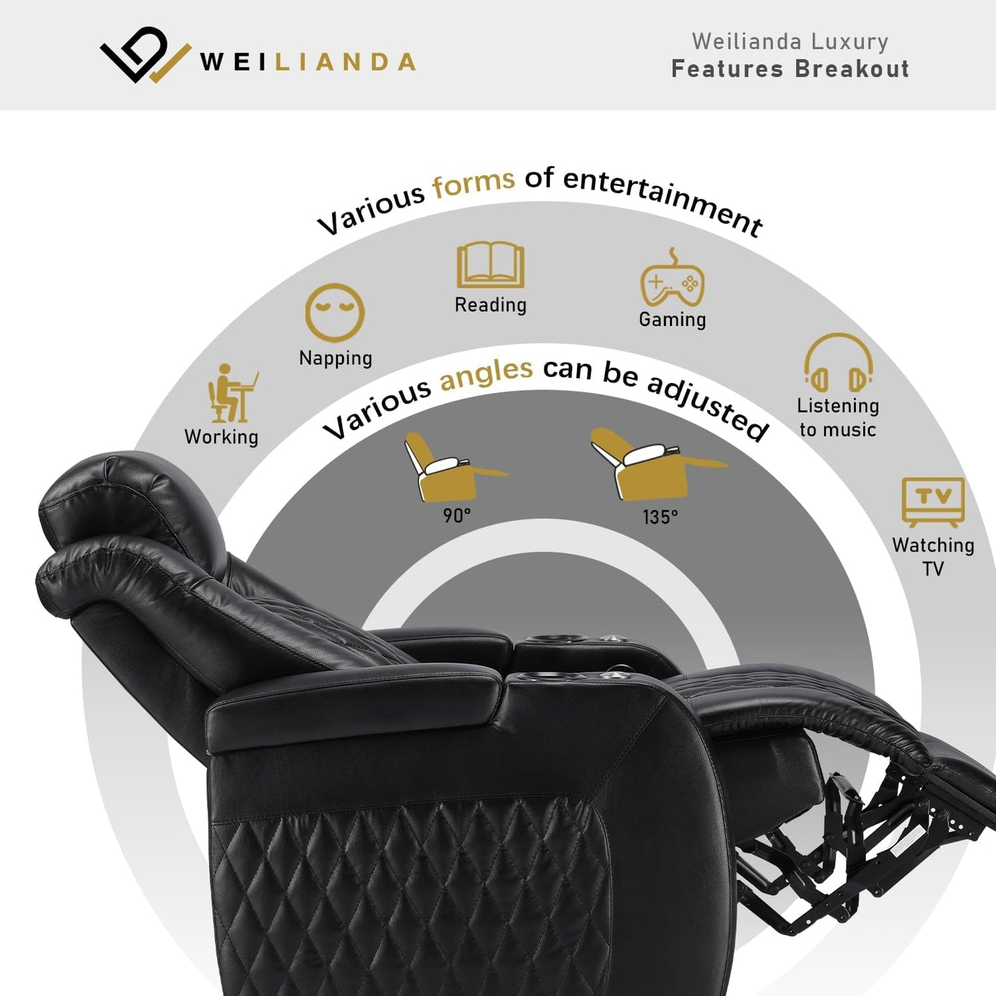 Weilianda Home Theater Seating Top Grain Leather Recliner Chair Power Headrest and Recline Movie Seats Gaming Sofa with Tray Table Type-C USB Charge Cup Holders Row of 1 Black
