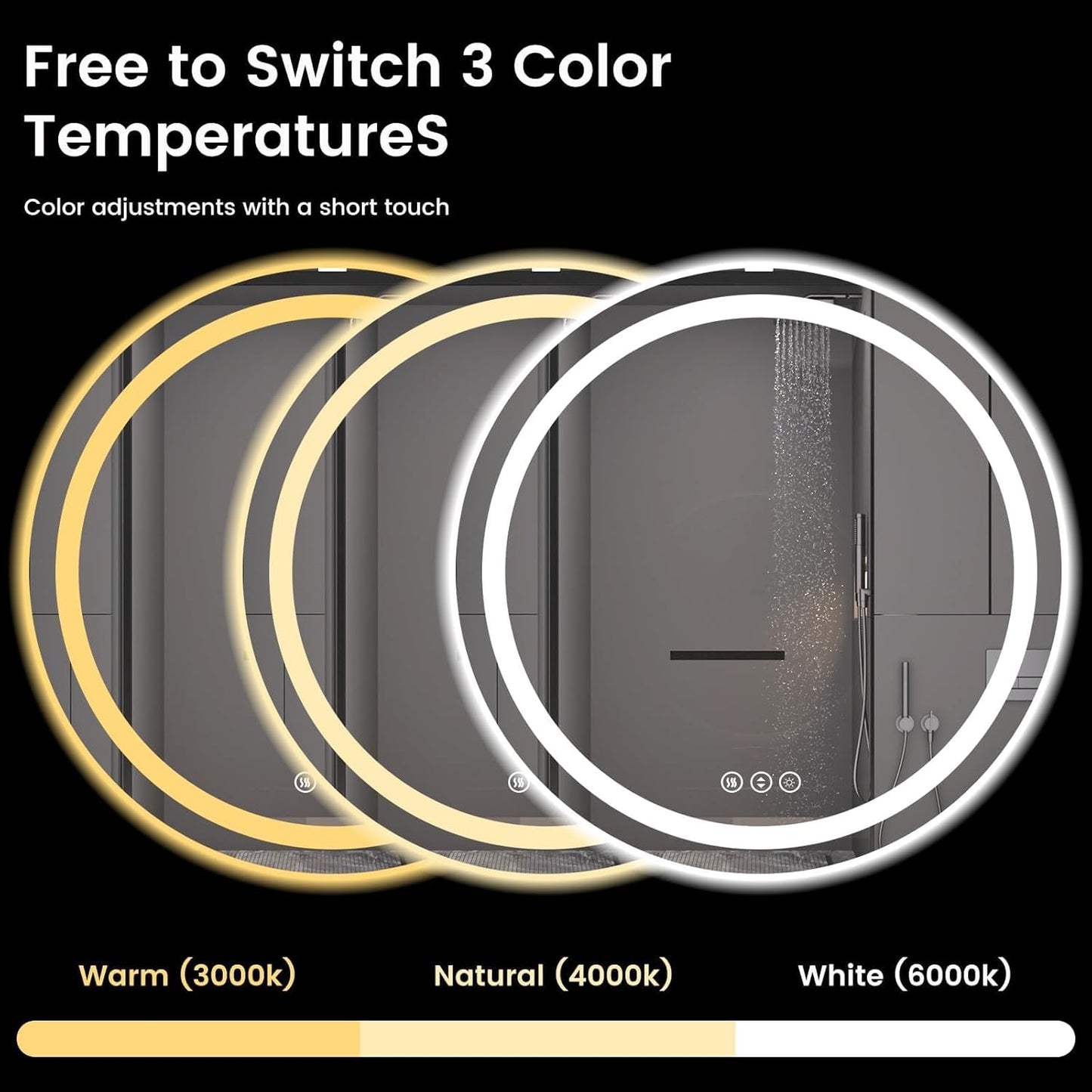 Round LED Bathroom Mirror with Lights, Backlit & Front Lighted, Wall-Mounted Vanity Mirror 3000K/4000K/6000K, Memory Functions, Anti-Fog, Dimmable Smart Mirror (Round 30" x 30")