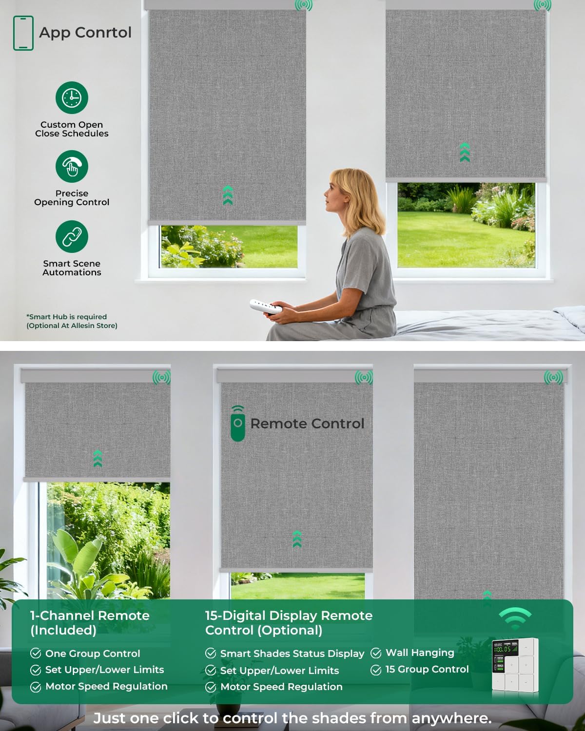 Allesin Motorized Roller Blinds – Rechargeable Smart Shades with Remote & Quiet Motor, Top/Bottom Aluminum Rails, Alexa-Compatible for Window (Custom Size, 100% Blackout Stone-Weave)