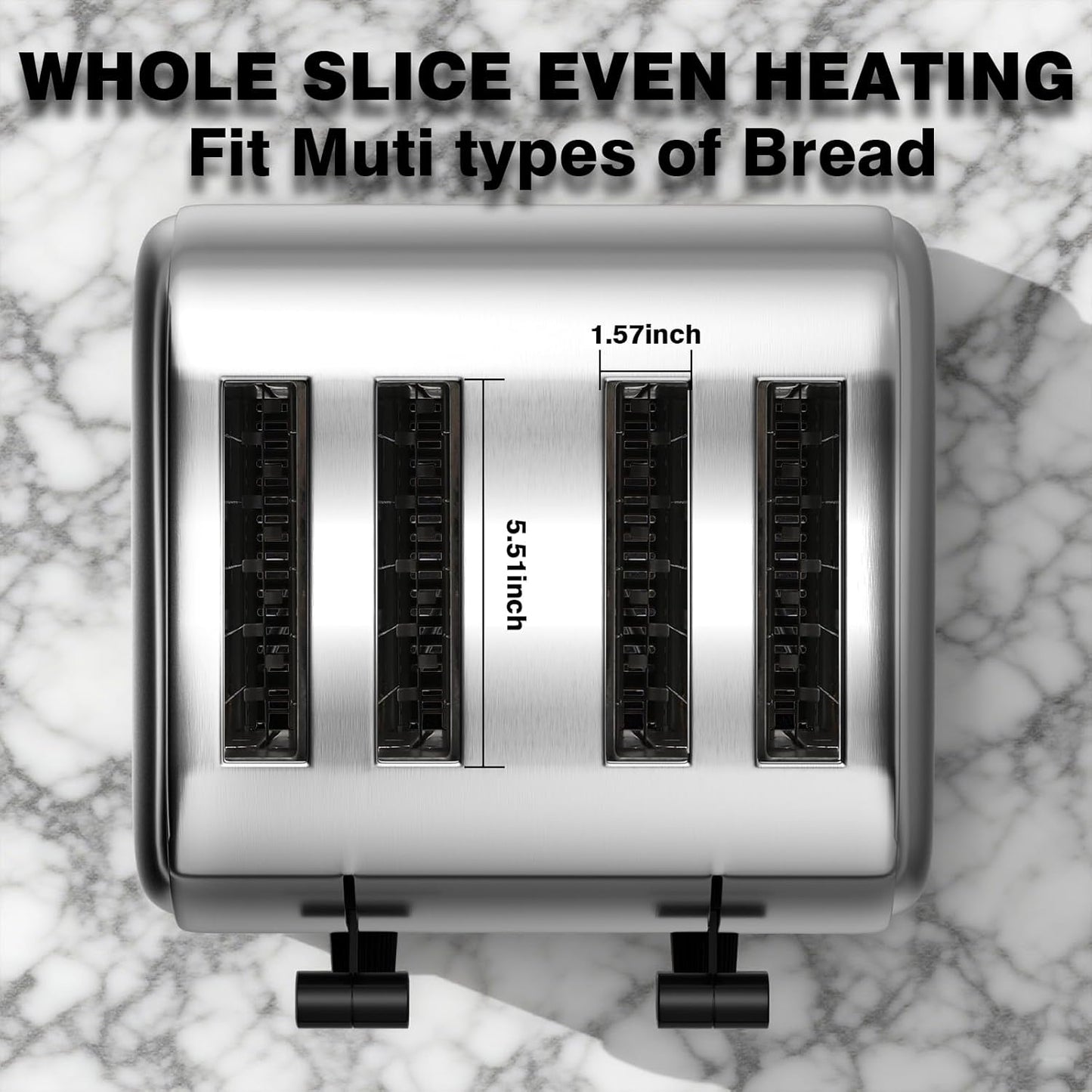 PYY Commercial Toaster 4 Slice for Restaurant - Wide Slots 1.57 inch Stainless Steel 6-Level Setting, with Removable Crumb Tray, 225 Slices/Hour 1800W - Bread, Bagels, Breakfast, Toast