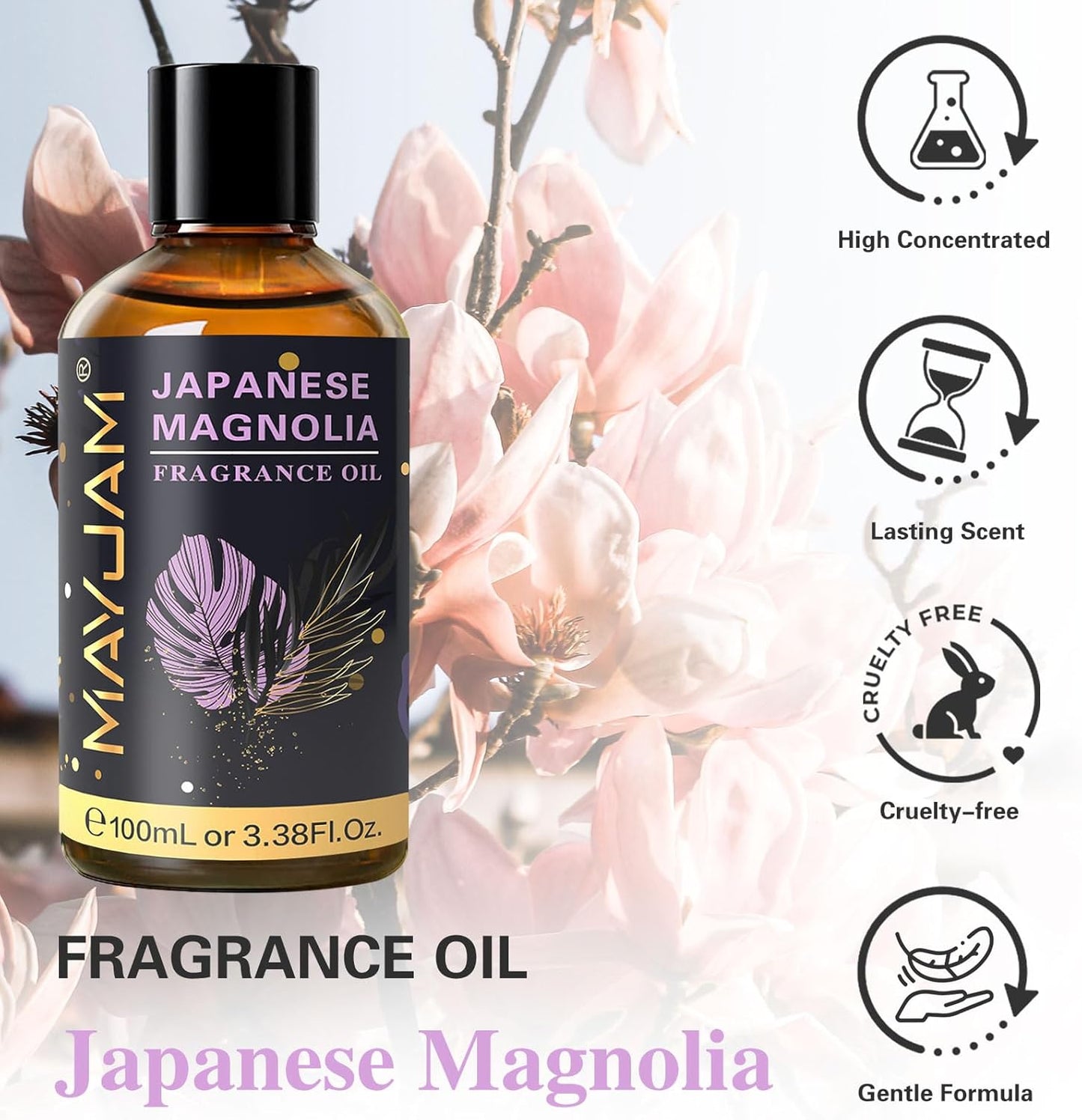 MAYJAM 100ML/3.38FL.OZ Japanese Magnolia Fragrance Oils with Glass Dropper, Essential Oils for Diffusers for Home, Long Lasting Scented Oils for Diffusers Soap Candle Making
