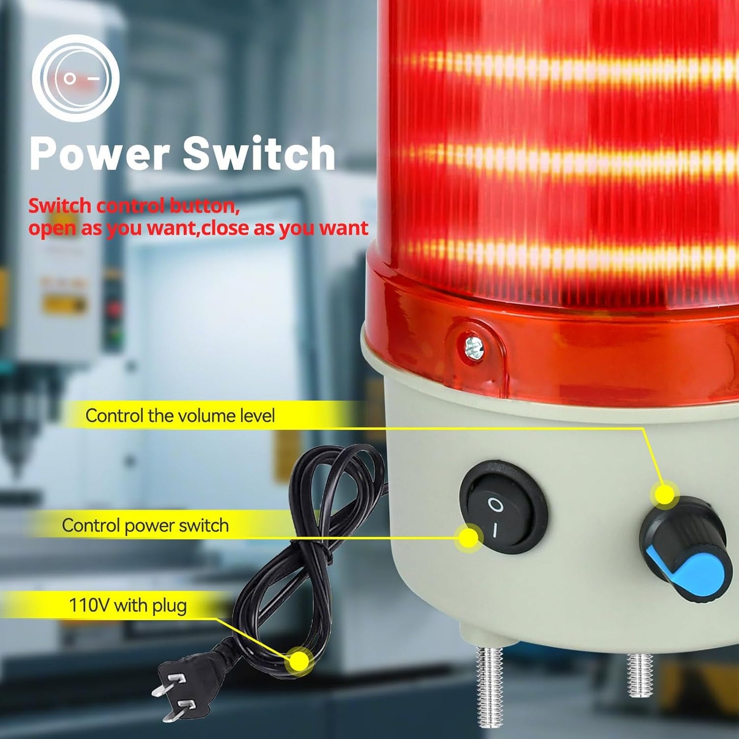 Industrial Warning Light LED Rotating 110V-120V AC Red for Public Emergency Alarms Indoor/Outdoor Safety Siren with Volume Adjustment and Buzzer