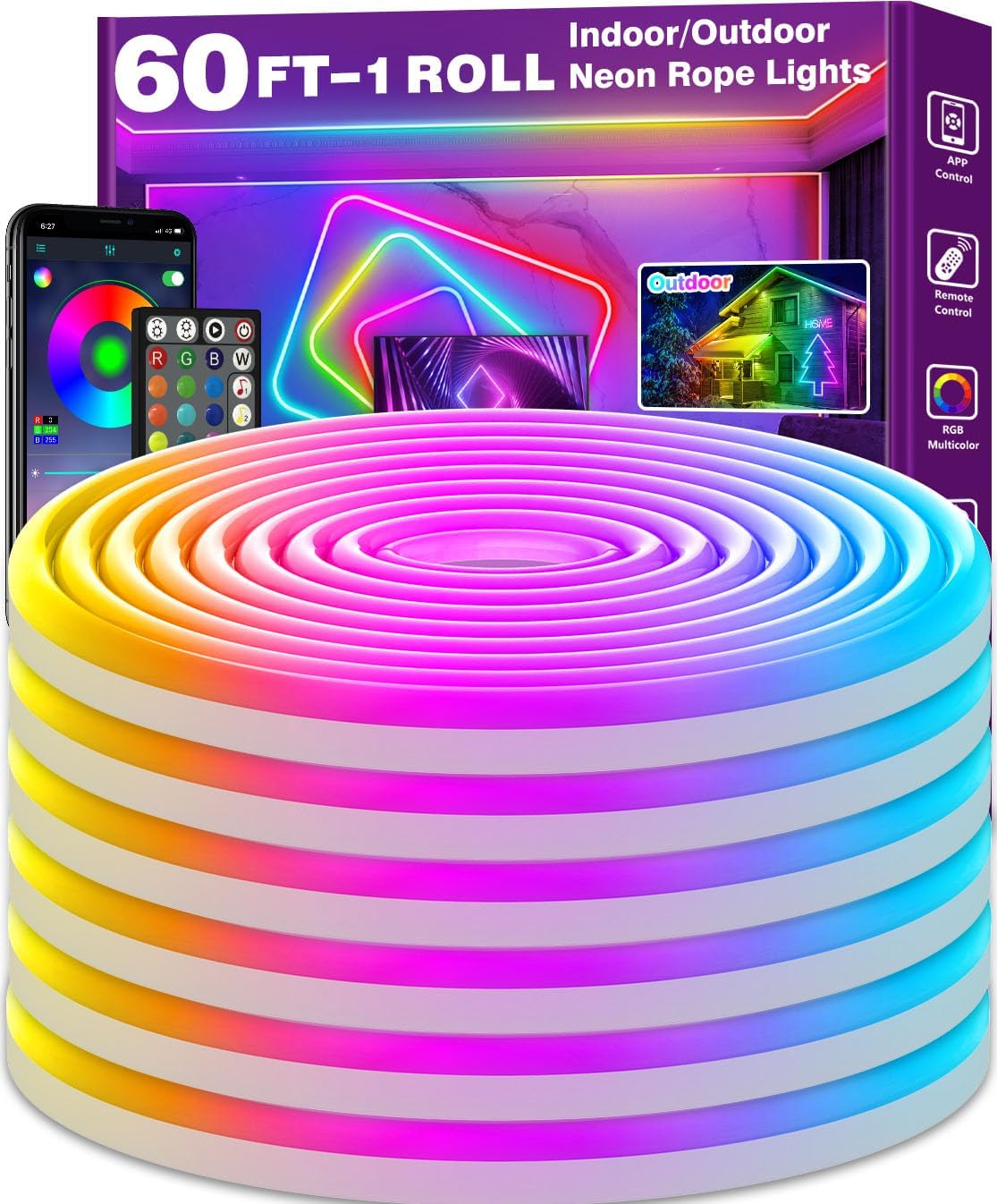 AILBTON 60Ft Neon Rope Lights,Flexible Led Rope Lights Control with App/Remote,Multiple Modes Rope Lights,IP65 Outdoor RGB Led Neons Lights,Music Sync Gaming Led Neon Light Strip for Bedroom Decor