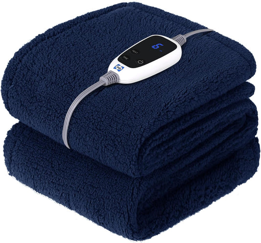 Sealy Electric Blanket Heated Throw 50"x60" Soft Double Sherpa Super Cozy with 6 Fast Heating Levels & 2-10 Hours Auto-Off, Over-Heat Protection, Machine Washable, Navy Blue