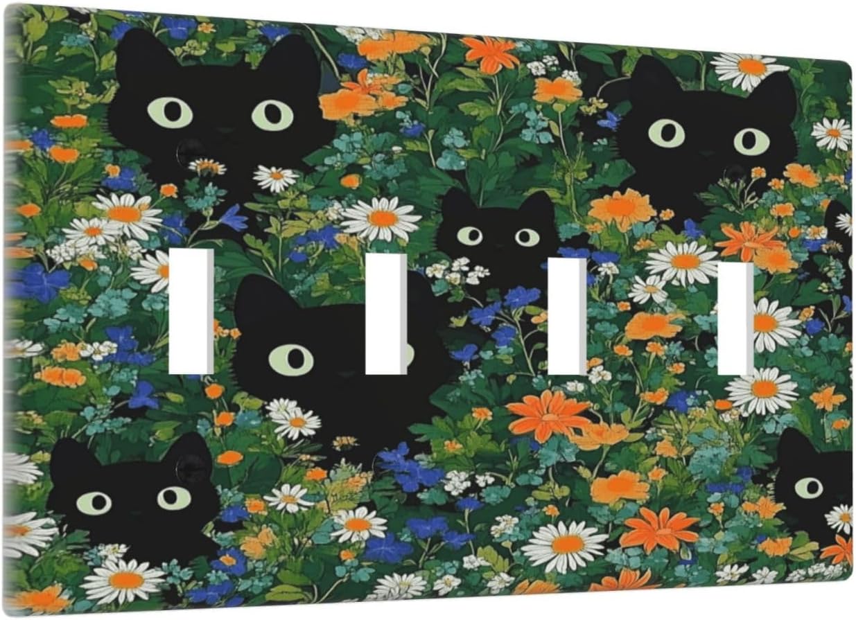 Boho Funny Black Cute Cats Daisy Wildflower Light Switch Covers Quad Toggle Electrical Faceplate 4 Gang Wall Plate Decorative Switch Plates For Kids Room Bed Room Decor