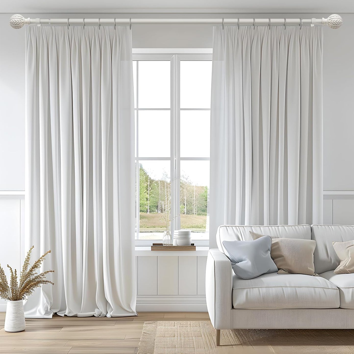 2 Pack Antique White Curtain Rods for Windows 28 to 48 inch,1" Adjustable Heavy Duty Window Curtain Rod with Leaf Finials,Rustic Decorative Drapery Rods Set,Size:18-60''