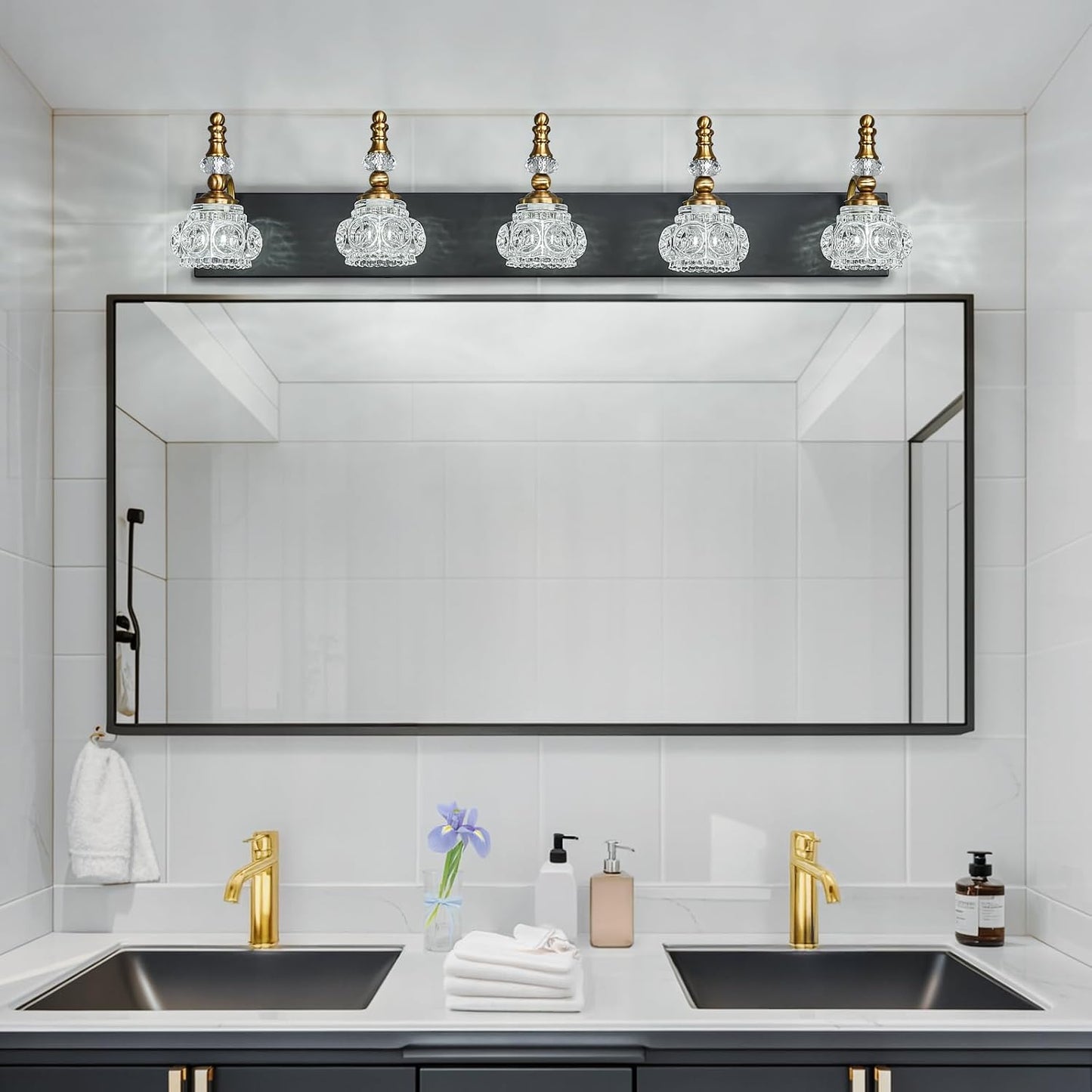 Modern Glass Crystal Vanity Light - Vintage Bathroom Lighting Fixtures Over Mirror, 5 Light Vanity Lights G9 Bulb (35.43 Inch, Black Gold)