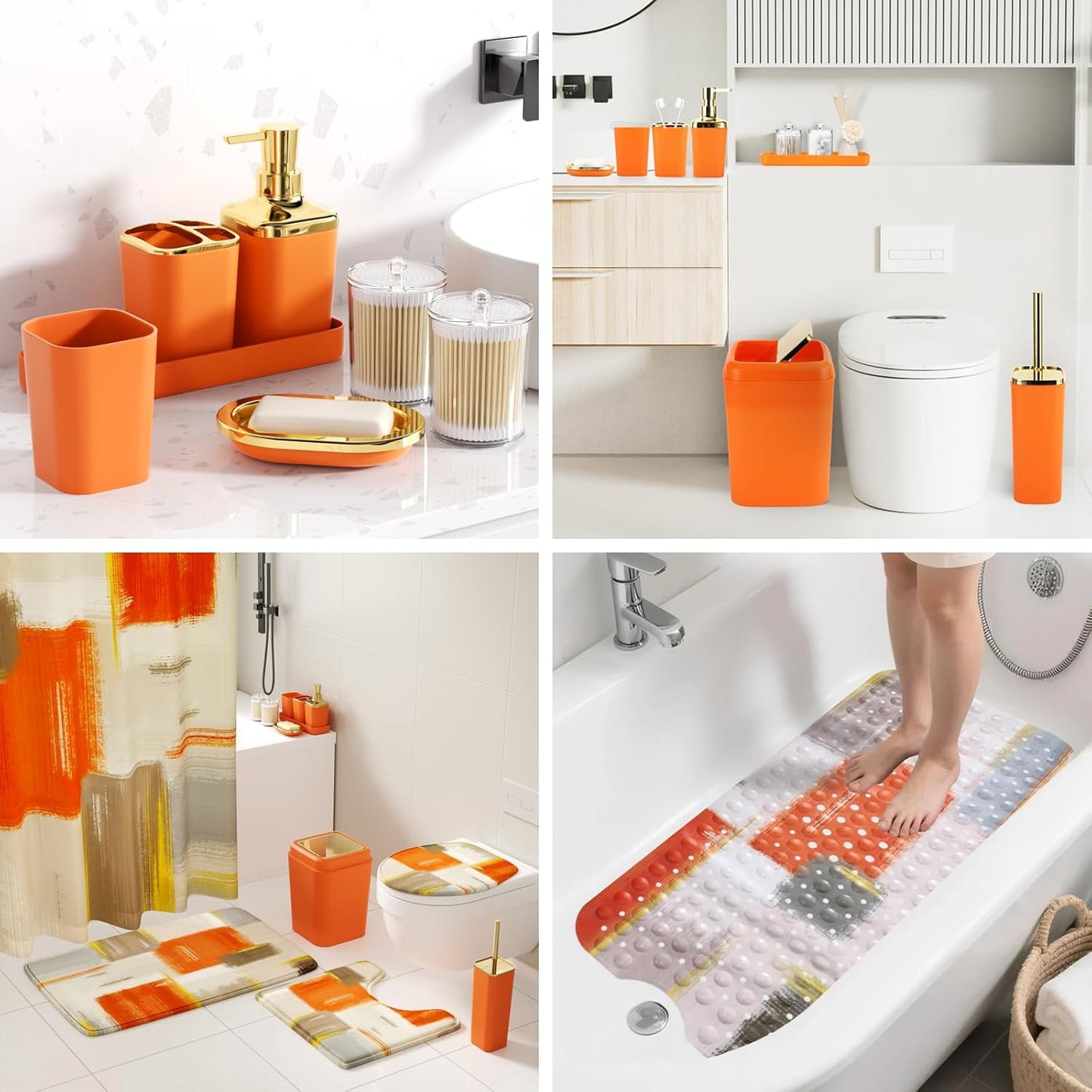 Bathroom Accessories Set - 26PCS Orange Bathroom Set, Bathroom Accessory Set with Shower Curtain and Rugs and Bathtub Mats for Home