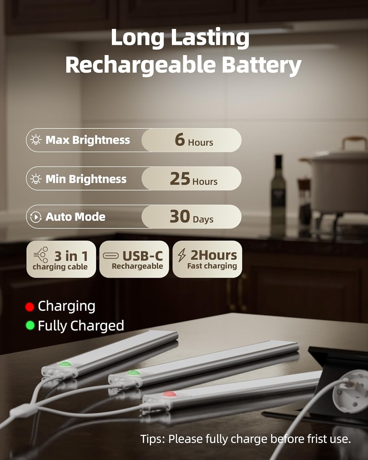 Under Cabinet Lighting Wireless,Rechargeable Battery Motion Sensor Light Indoor,LED Closet Lights USB Charging,3 Color Dimmable Under Cabinet Lights for Kitchen (3 Pcs) 7inch