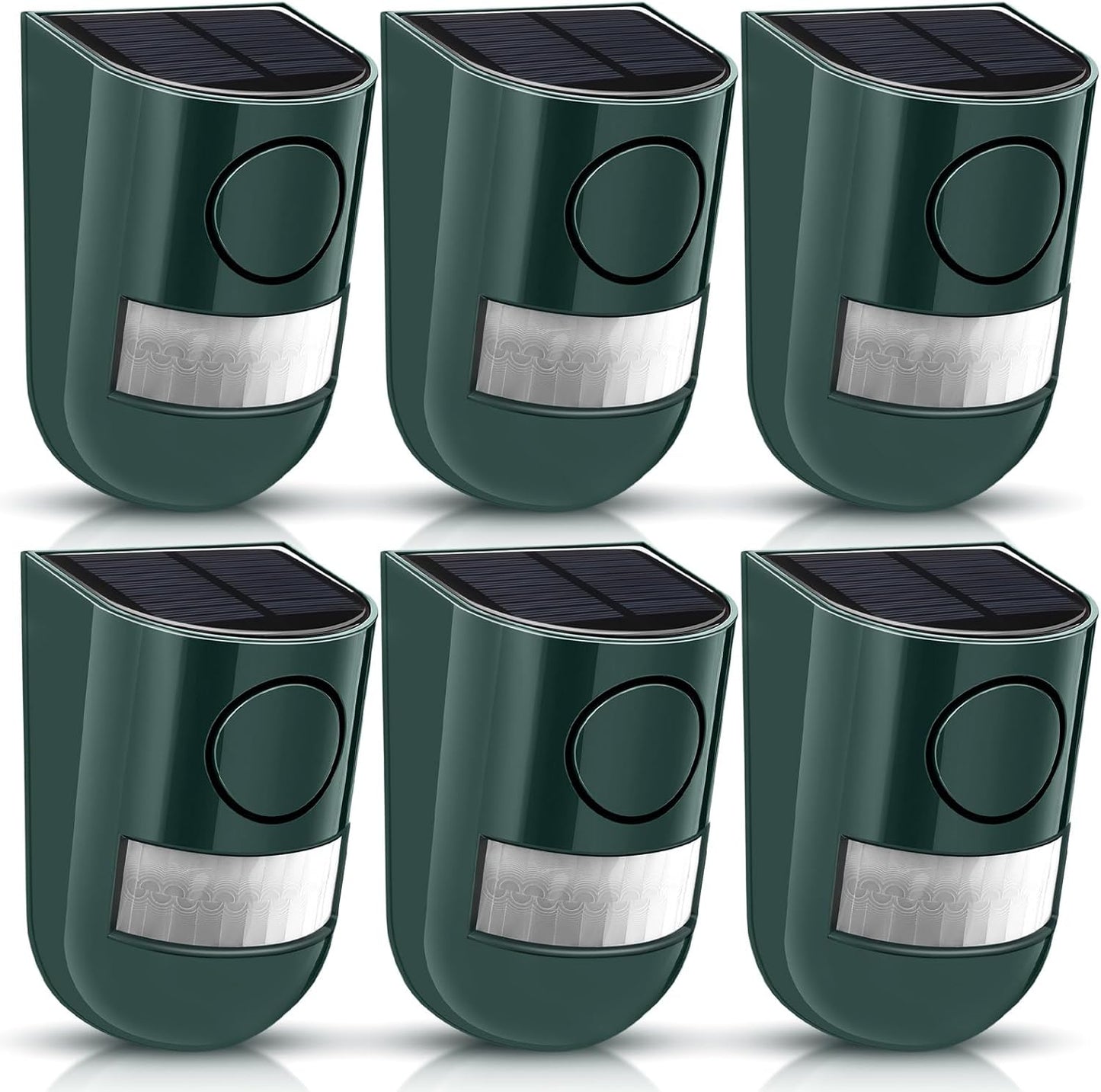 Qualirey 6 Pack Solar Sound and Light Alarm Motion Sensor 129db Outdoor Security Siren Waterproof Motion Activated Detector Alarm 6 LEDs Flash Warning Strobe System for Home, Farm (Green)