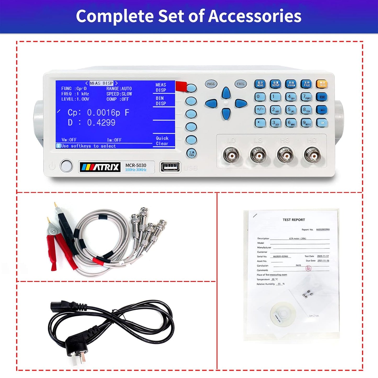 MATRIX MCR-5030 Benchtop LCR Meter Precision Digital Lab Tester for apacitance Ground Insulation Resistance Inductance Accuracy 0.1% Test Measure Inspect Multimeter （100Hz-30kHz）