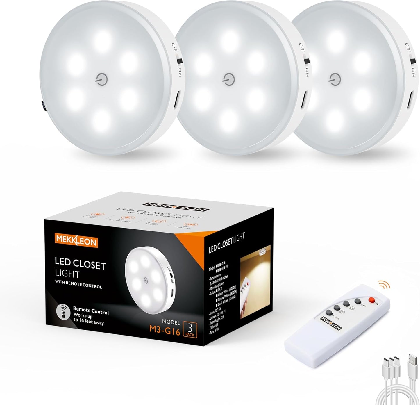 Puck Lights with Remote Control,1000mAh Rechargeable Under Cabinet Lighting,LED Closet Lights,3Pack Night Light,Cordless Stick On Lights for Under Cabinet,Hallway, Stairway,Closet (Cool White)