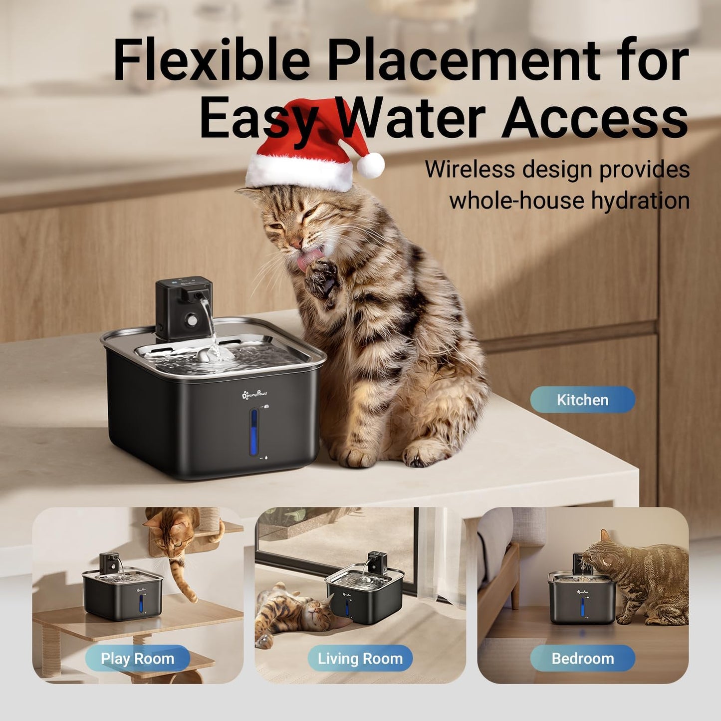DownyPaws Cat Water Fountain Stainless Steel Wireless, 101 oz/3L FurSink Cordless Water Fountain for Cats, Battery Operated Cat Fountains for Drinking with Motion Sensor, Easy Clean, Black