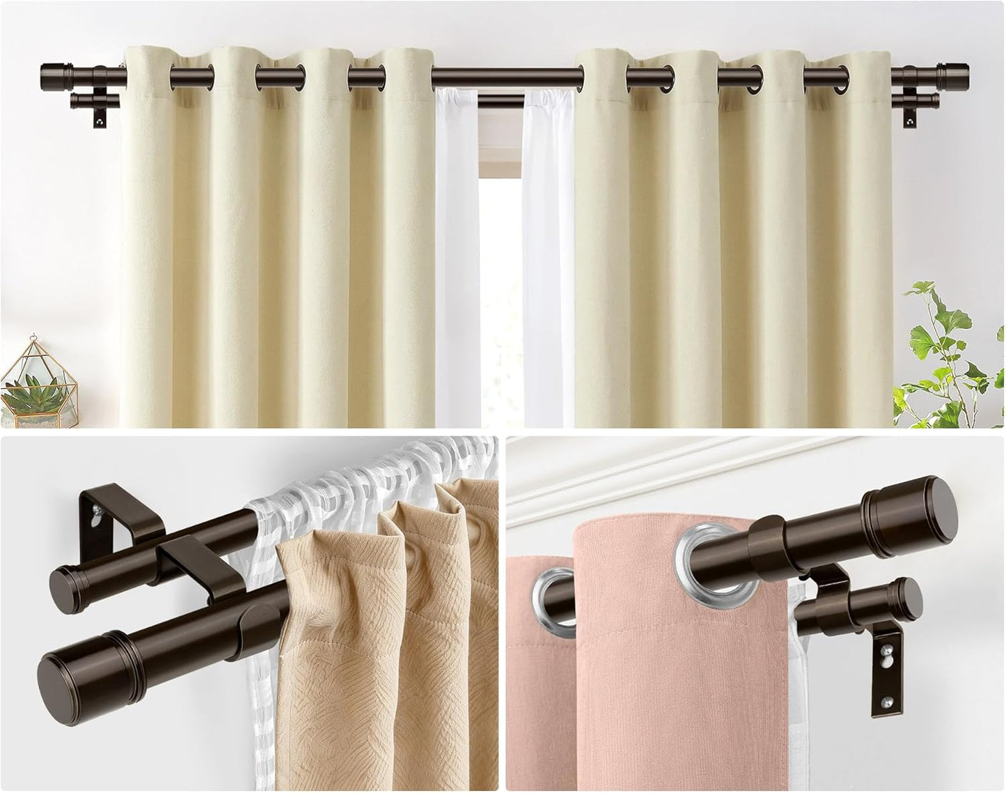Double Curtain Rod 32 to 86 Inch, HOTOZON 1 Inch Heavy Duty Double Curtain Rods for Windows 20 to 82 Inches(1.7-6.8 ft), Telescoping Drapery Rod with Simple End Finials, Bronze