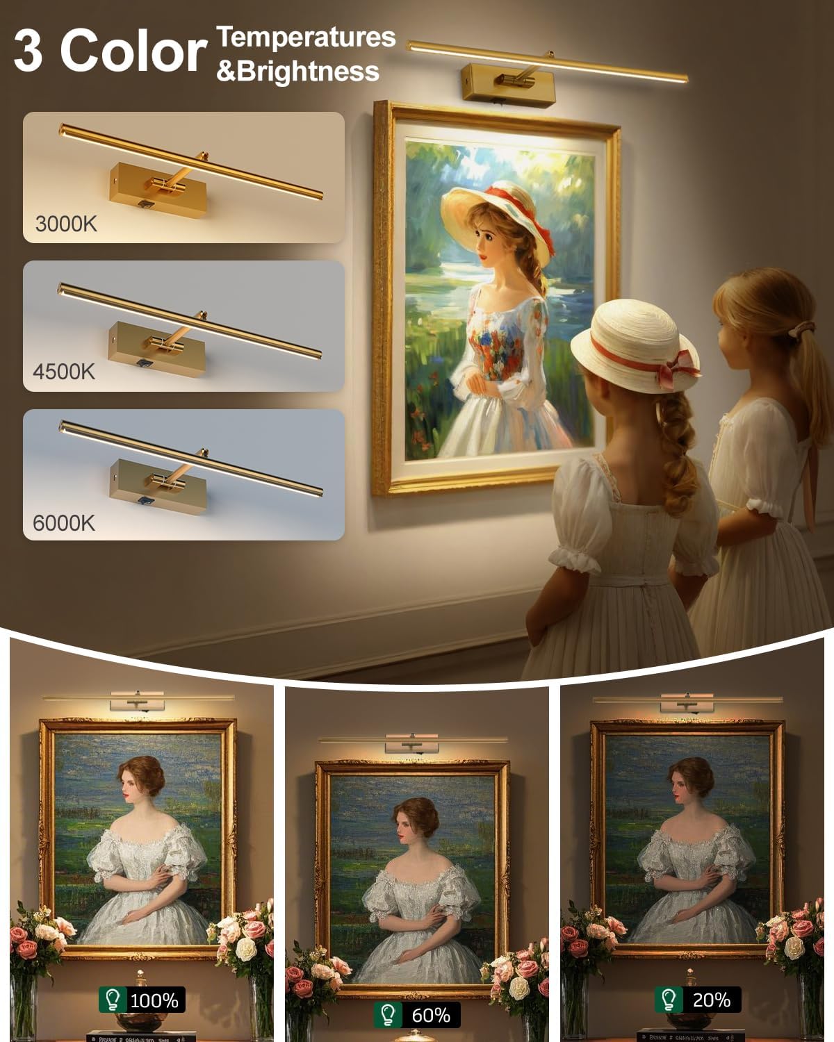 Battery Operated Picture Light with Wireless Remote 3CCT Dimmable Gold Wall Art Lights for Paintings 3 Color Rechargeable cordless decor Gallery Light 24’‘ Artwork Lighting for Canvas Timer Function