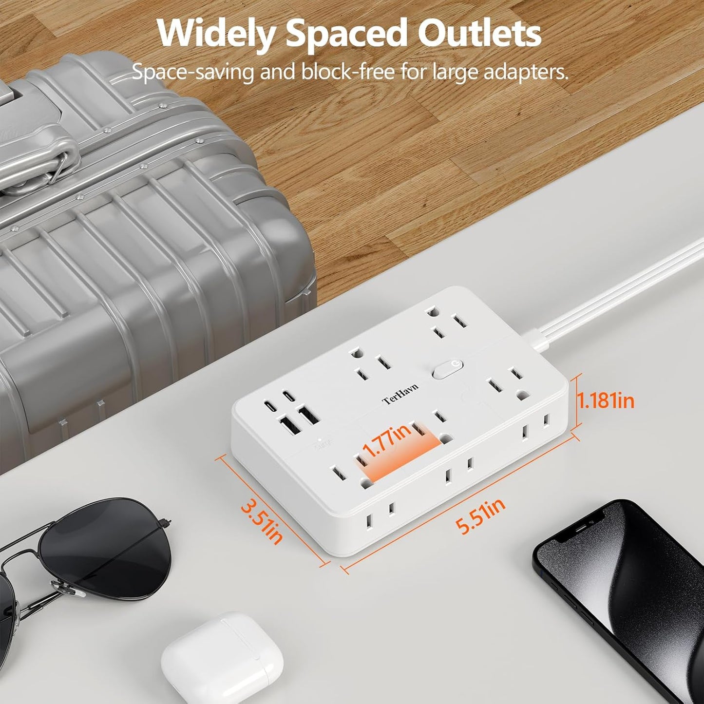 Surge Protector Power Strip 10 FT Flat Extension Cord ，10 AC Outlets & 4 USB Ports(5V/3.4A 17W), 1080J ，Wall Mountable Desktop Charging Station with Flat Plug for Office Supplies and Home, White