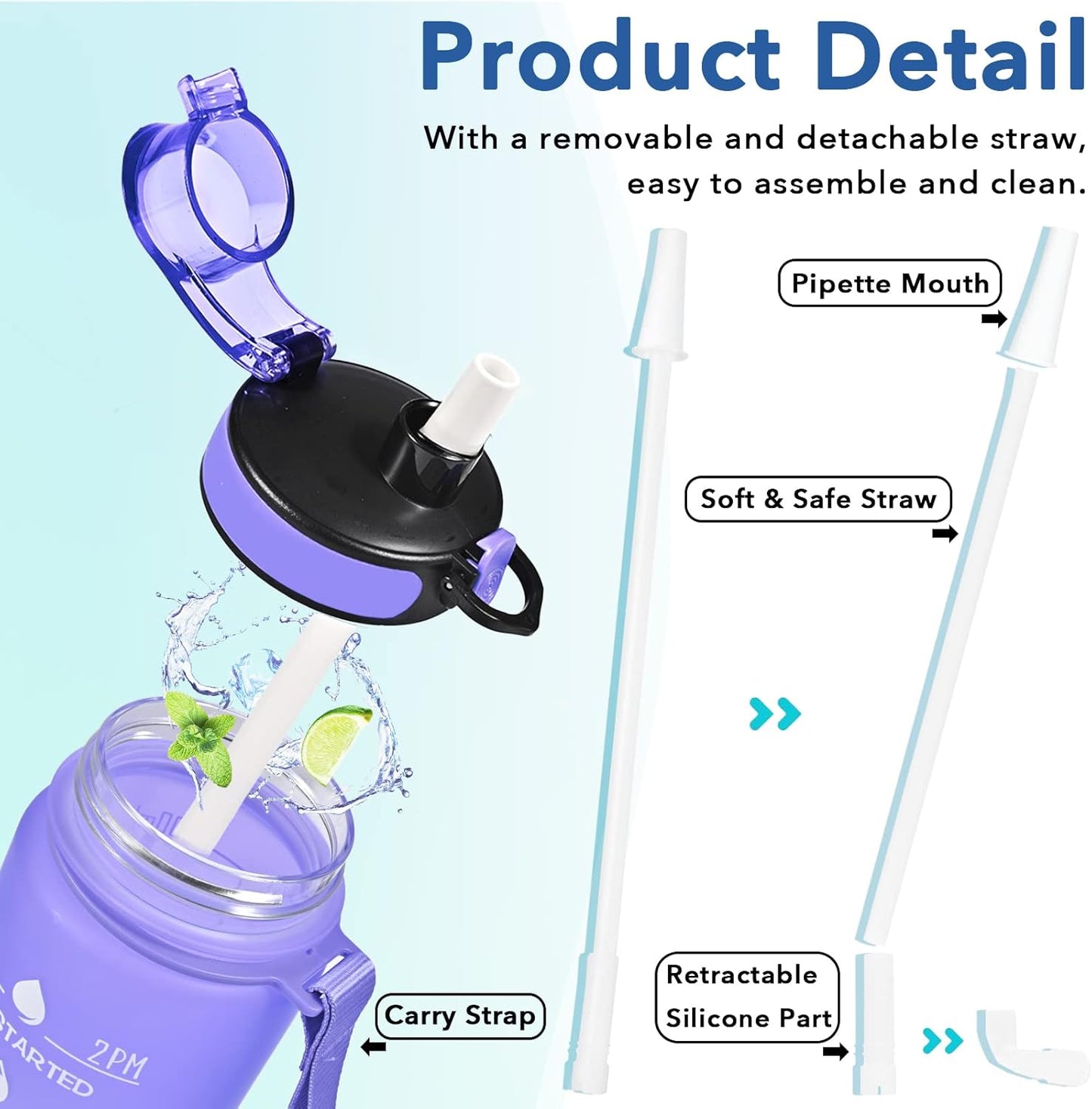 Enerbone Water Bottle, Leakproof BPA & Toxic Free, Motivational Water Bottle with Times to Drink and Straw, Fitness Sports Water Bottle with Strap for Office, Gym, Outdoor Sports