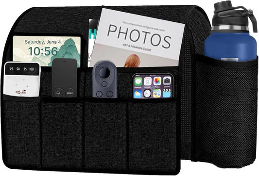 Ntomtuex Sofa Armchair Caddy Remote Control Holder with Water Bottle for Couch Recliner, Armrest Organizer with 7-Pocket Design for Magazines, Eyeglasses, iPad, Phone, Black