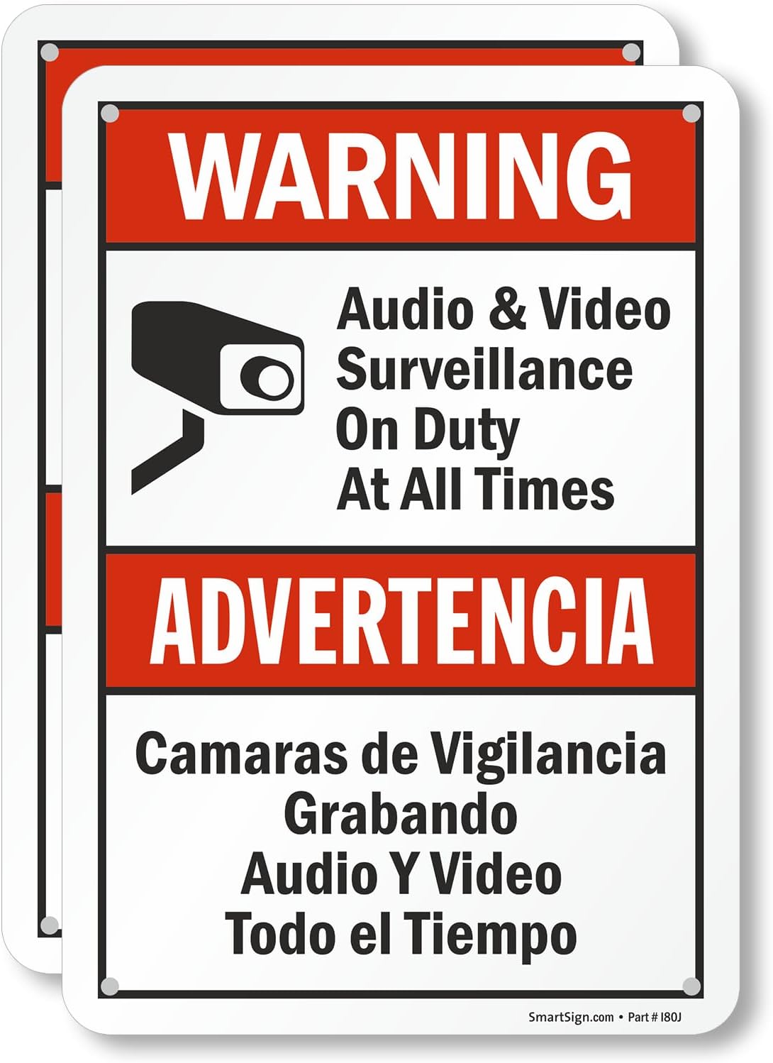 SmartSign 2-Pack 'Warning Audio And Video Surveillance On Duty At All Times' Bilingual Sign - 7" x 10", 40 mil Laminated Rustproof Aluminum Metal, Red, Black and White, Fade-Resistant, Made in USA