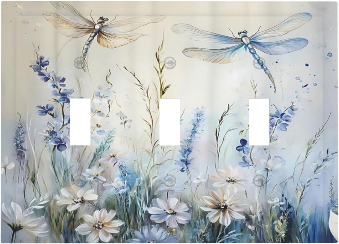 Decorative Light Switch Cover Plate Watercolor Dragonfly Blue Wihte Flower 3 Gang Wall Plates for Electrical Outlets Triple Toggle Switch Plate Covers Outlet Covers Faceplate for Home Decor