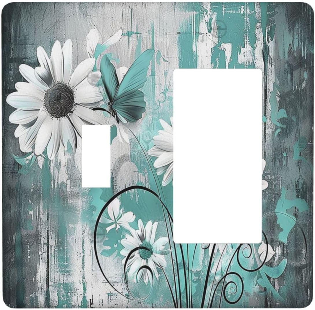 Outlet Covers Teal Daisy Floral Vintage Wood Plank 1 Toggle 1 Rocker Combination Decorative Wall Plate Electrical Switch Plates Light Switch Cover Plate For Farmhouse Cabin Decor