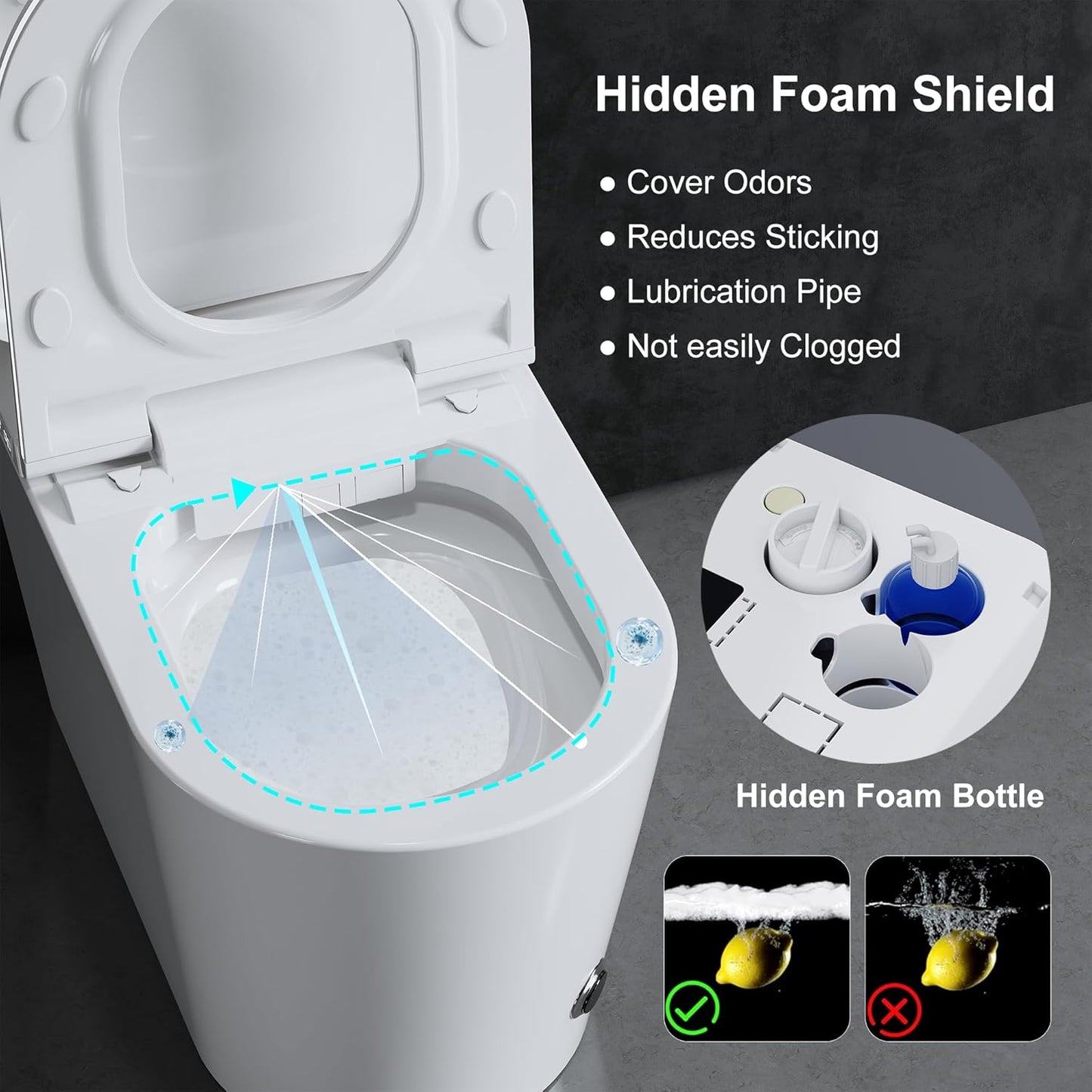 TDH Smart Toilet with Foam Shield, Ambient Lighting & Blackout Flush,Tankless Toilet Heated Seat for Bathrooms, Multiple Cleaning Modes,Round Toilet Seat
