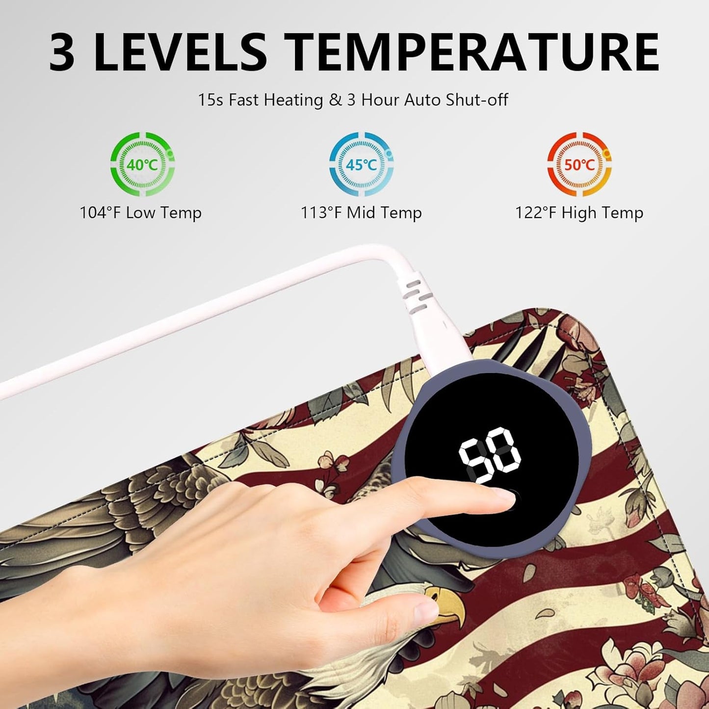 Heated Mouse Pad with 3 Levels Heated & 3 Hours Auto Shut-Off Mouse Pad for Warming Hands in Office Home, 31.5" x 13"Large Safe Desk Mat Hand Warmer，Flying Eagle Flag Flowers