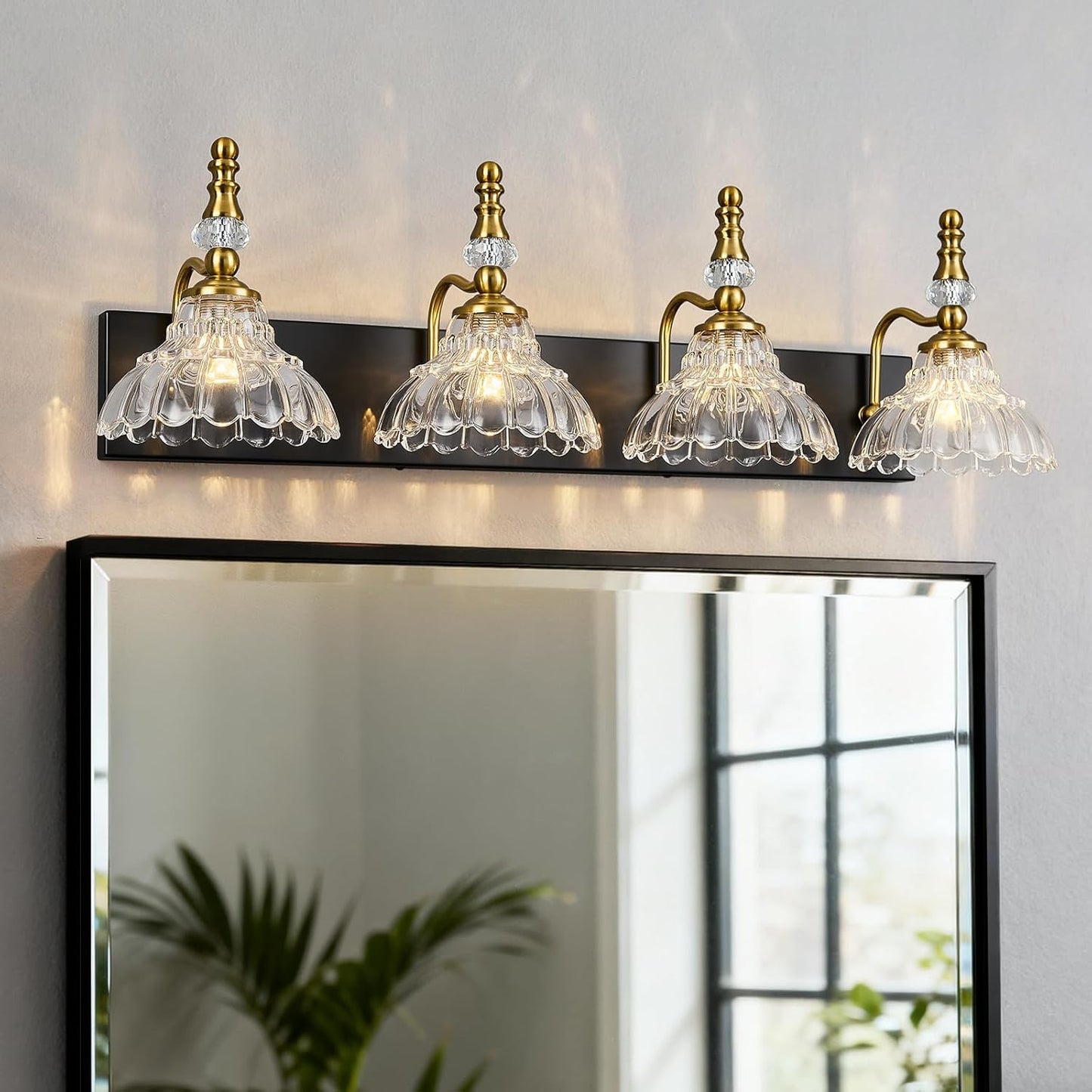 Vintage Bathroom Vanity Light, 4-Light Black Gold Vanity Lighting Fixture with Flower Glass Shade, Bathroom Lighting Fixtures Over Mirror