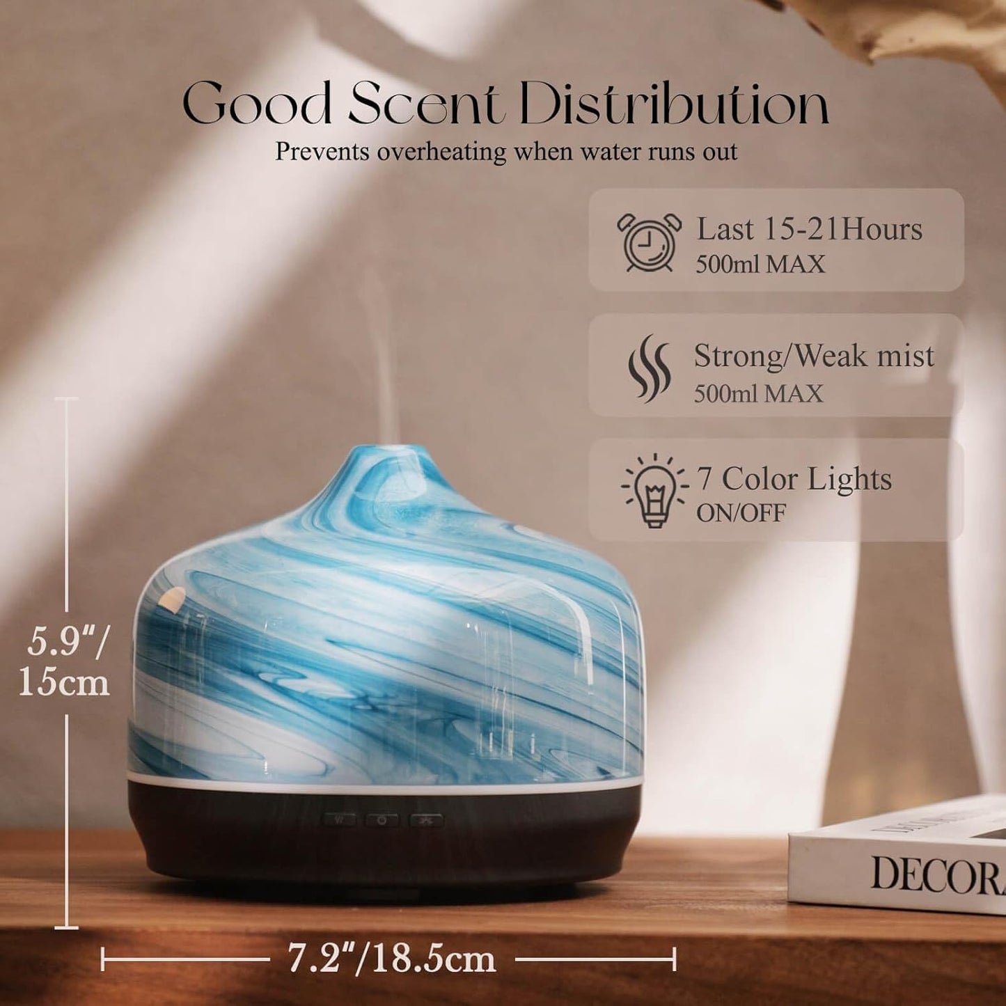 Porseme 500ml Glass Essential Oil Diffuser Aromatherapy Ultrasonic Cool Mist Humidifier 15-21 Running Hours Waterless Auto-Off Air Diffusers for Sleeping Yoga Office Working Spa and Rest (Blue Ink)