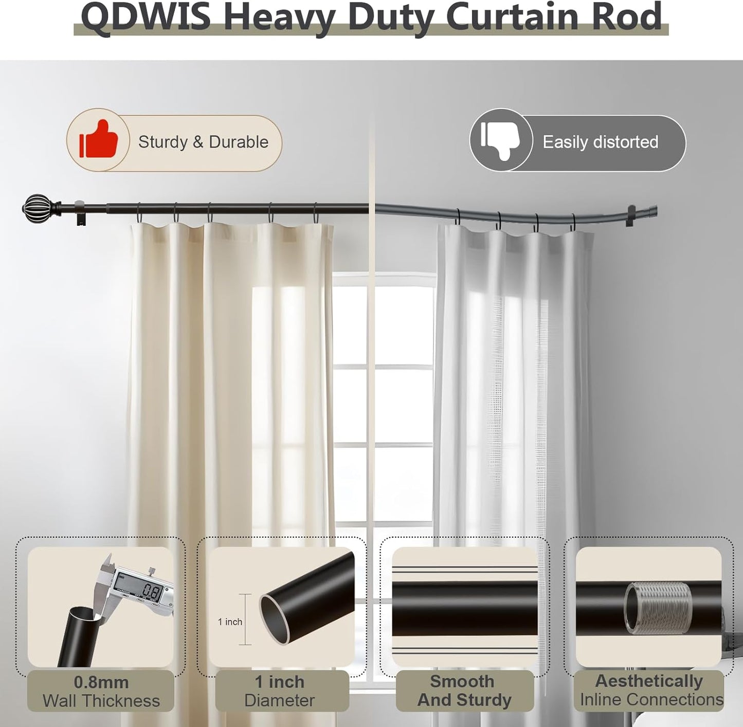 Black Curtain Rods for Windows 72 to 144 Inch, 1'' Adjustable Heavy Duty Curtain Rod，Vintage Decorative Drapery Rods with Pumpkin Finials for Bedroom Living Room