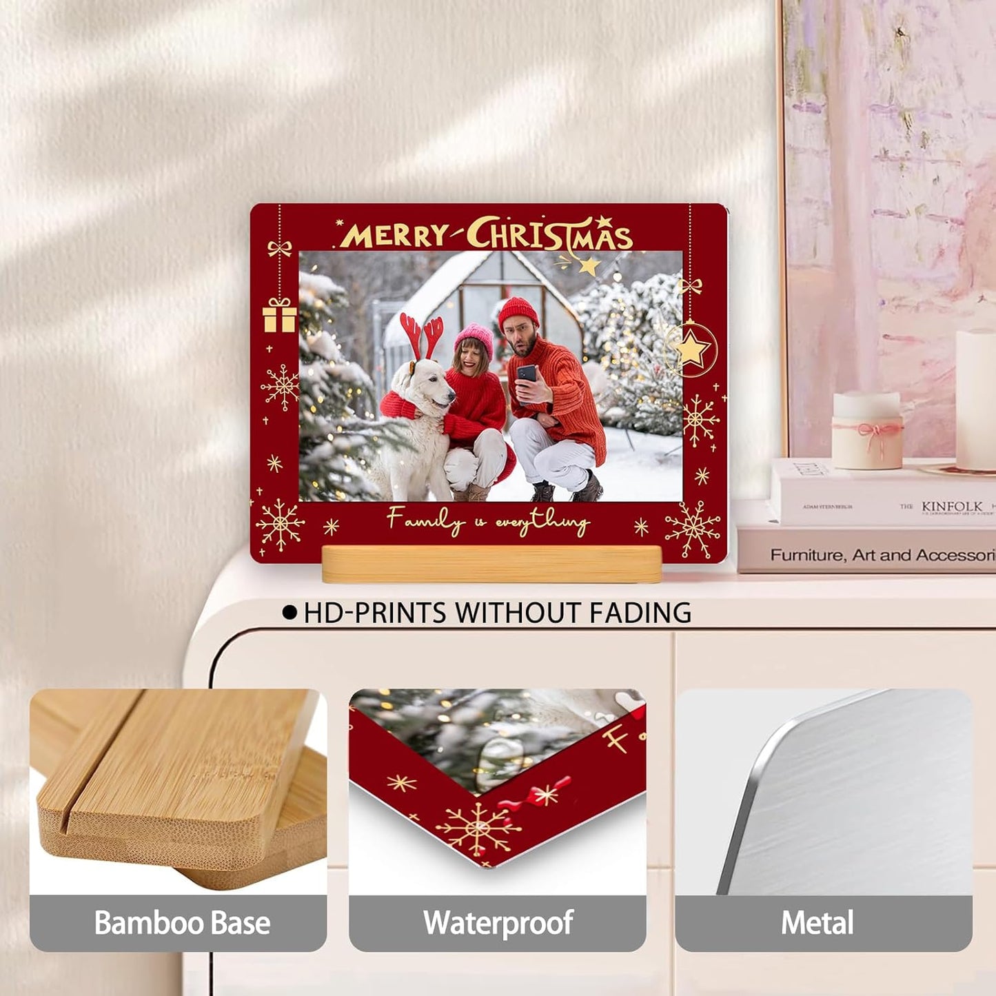 Custom Photo Prints - Metal Desktop Picture Frame with Photos & Text & Wooden Base Personalized Christmas Gifts for Family Lovers Pets and Friends, Optional Multiple Sizes