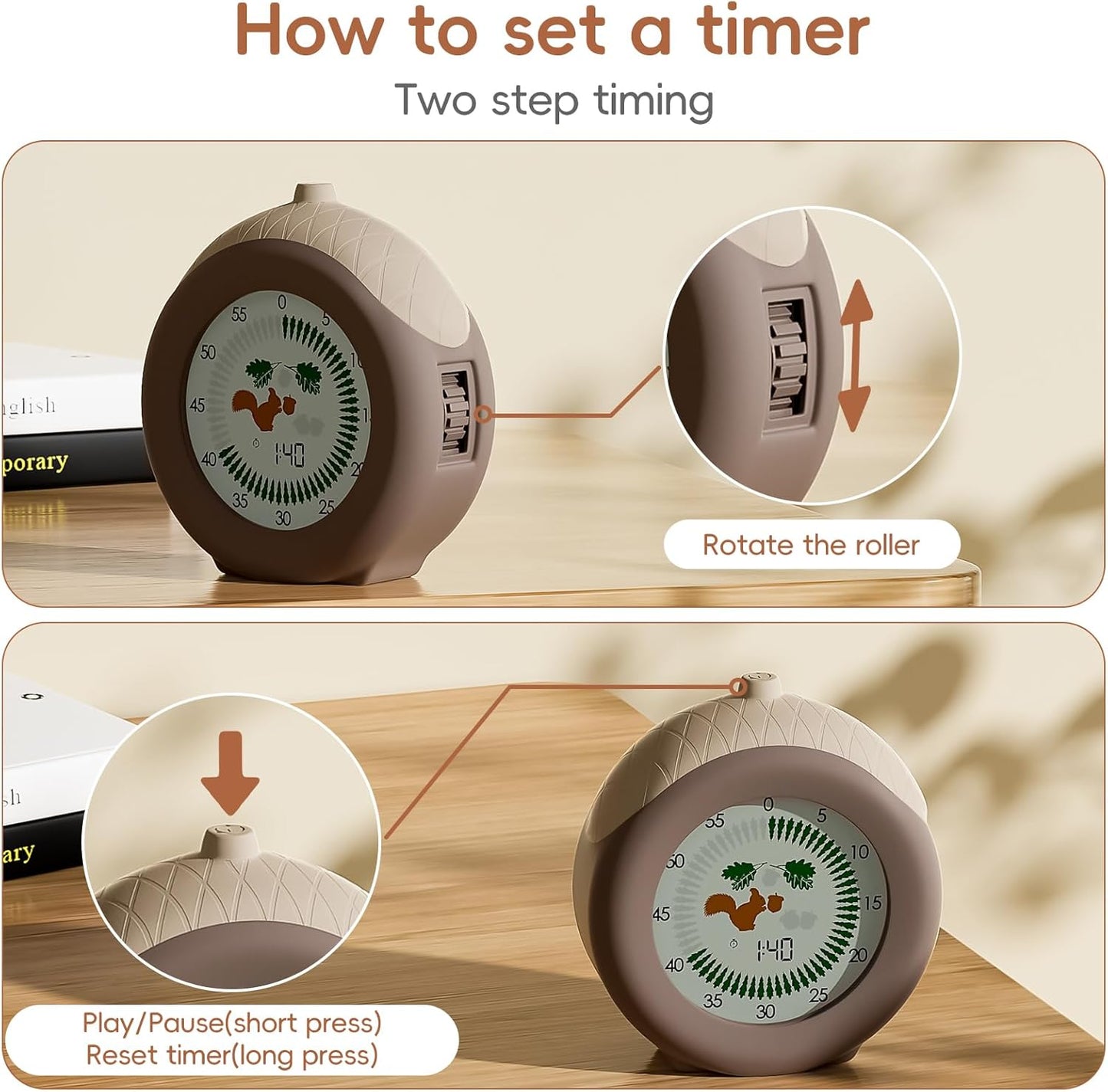 Visual Timer for Kids, 299-Minute Cute Kids Squirrel Timer with Eye-Protection Screen & Protective Case, Homeschool Supplies Study Teaching Time Management Tool